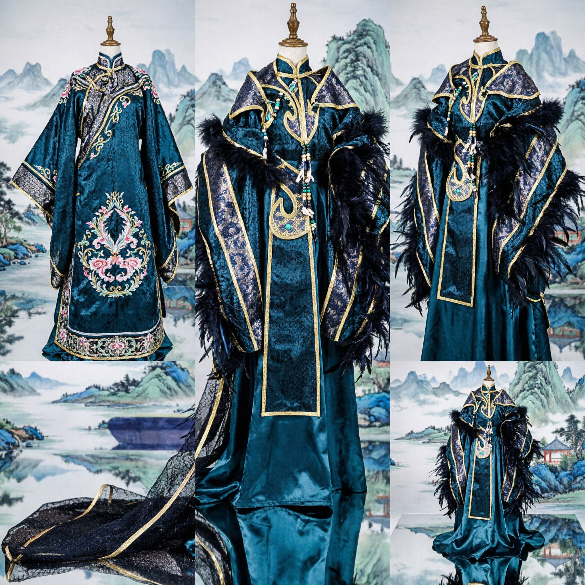Traditional Chinese Ancient General Costume Blue Gold Embroidery Robe with Feathers for Men Cosplay Stage Performance