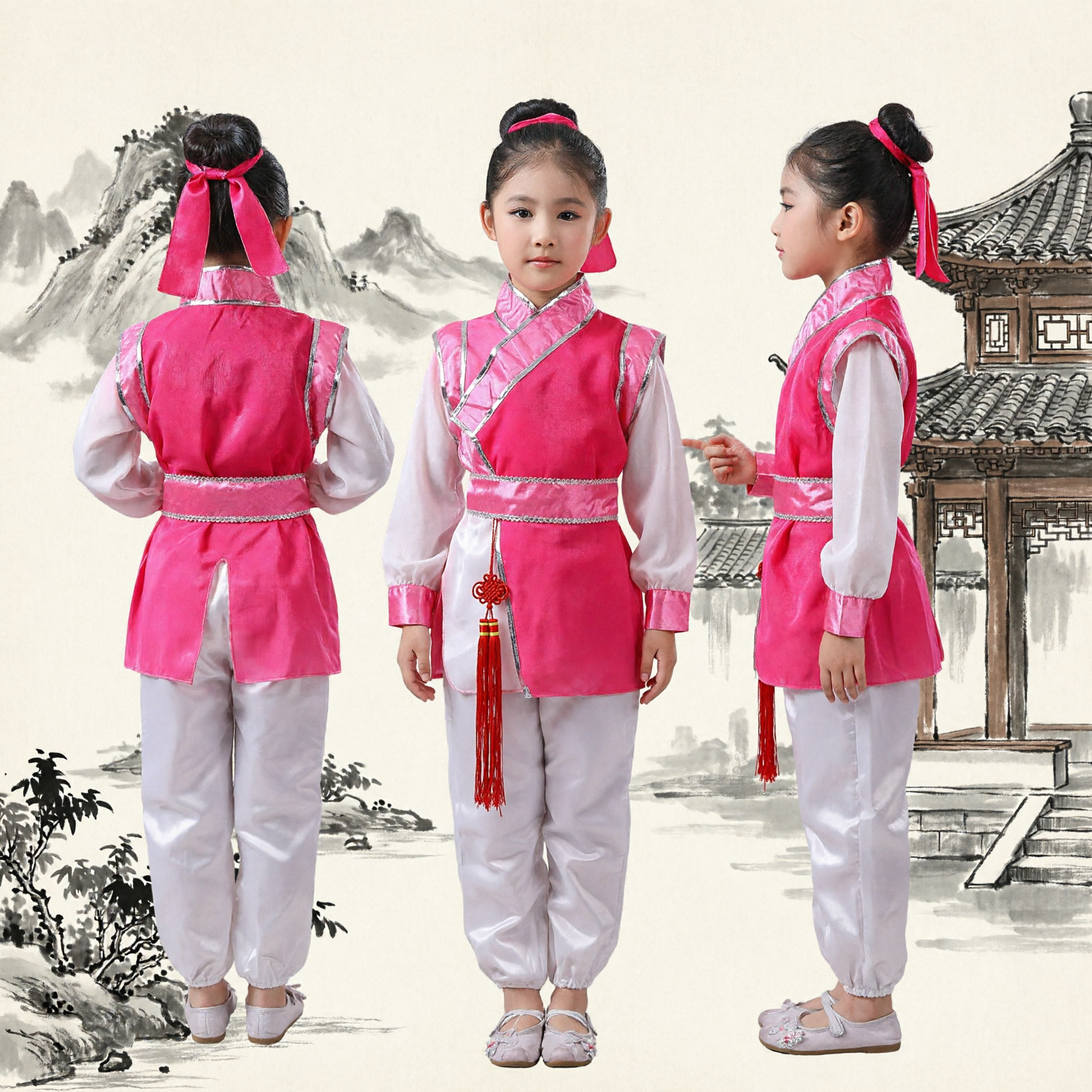 Kids Girls Chinese Kung Fu Costume Pink Traditional Wushu Uniform Folk Dance Performance Outfit