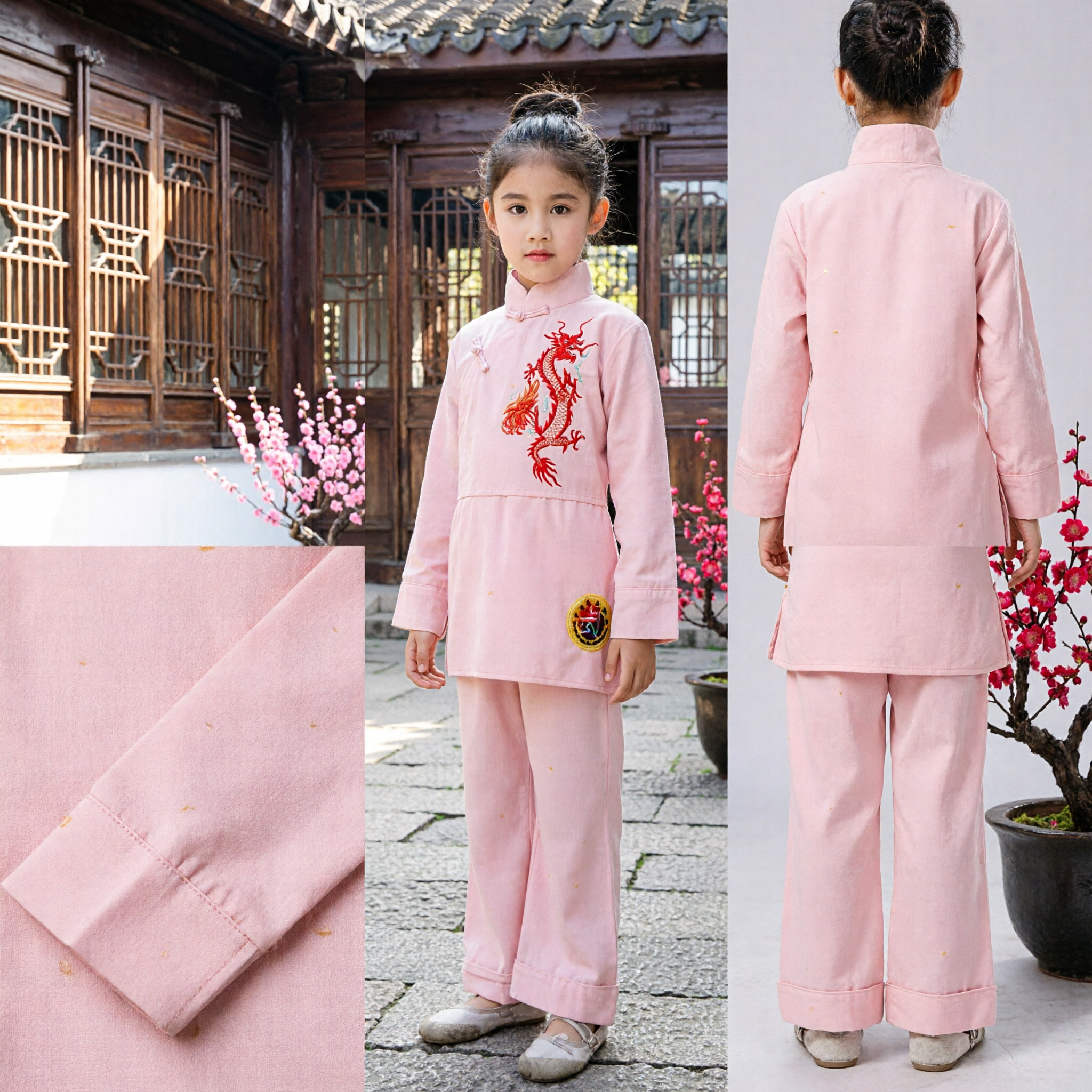 Kids Girls Pink Chinese Kung Fu Uniform Traditional Wushu Martial Arts Costume Dragon Embroidery Set