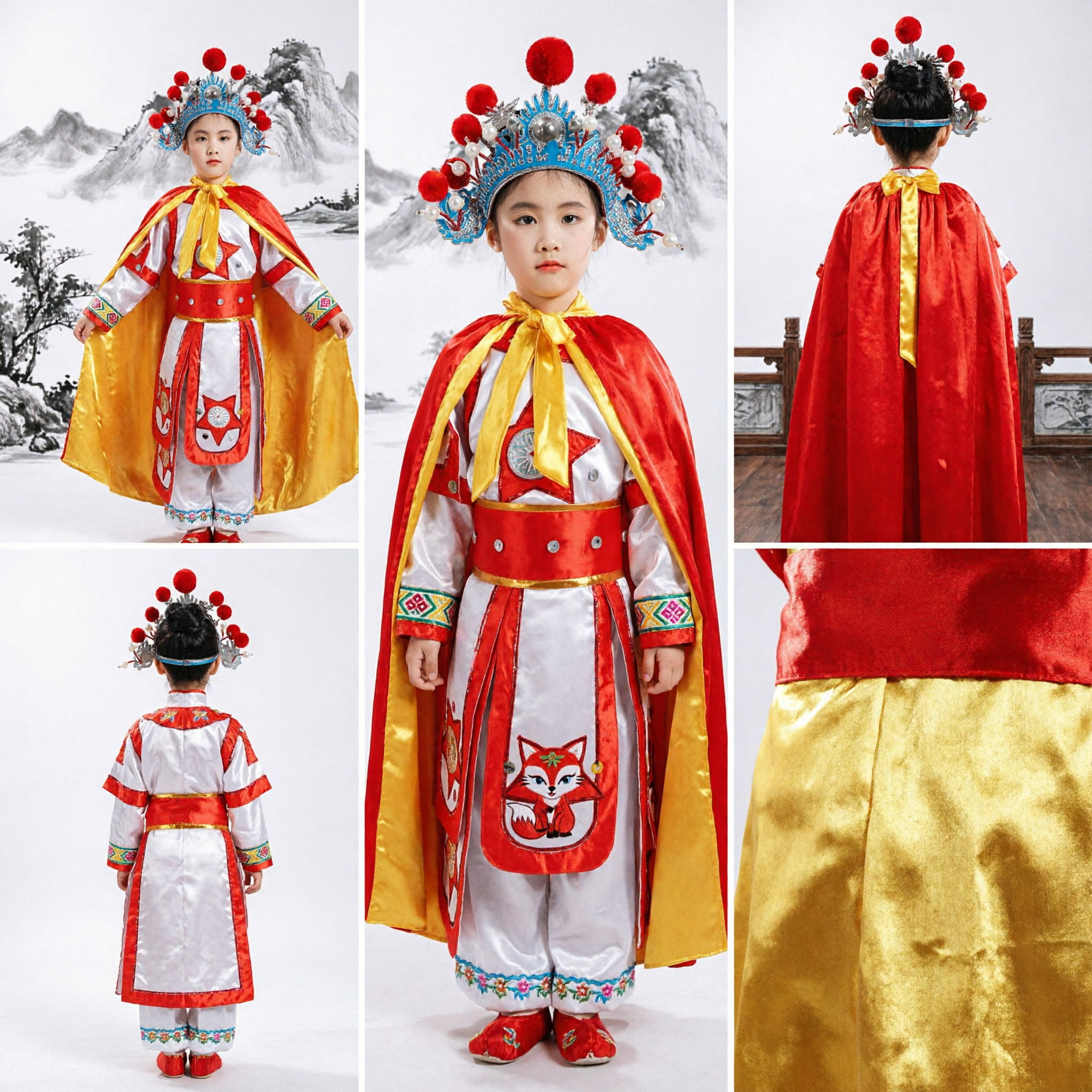 Kids Traditional Chinese Peking Opera General Costume Red Warrior Robe with Headdress for Stage Performance and Halloween