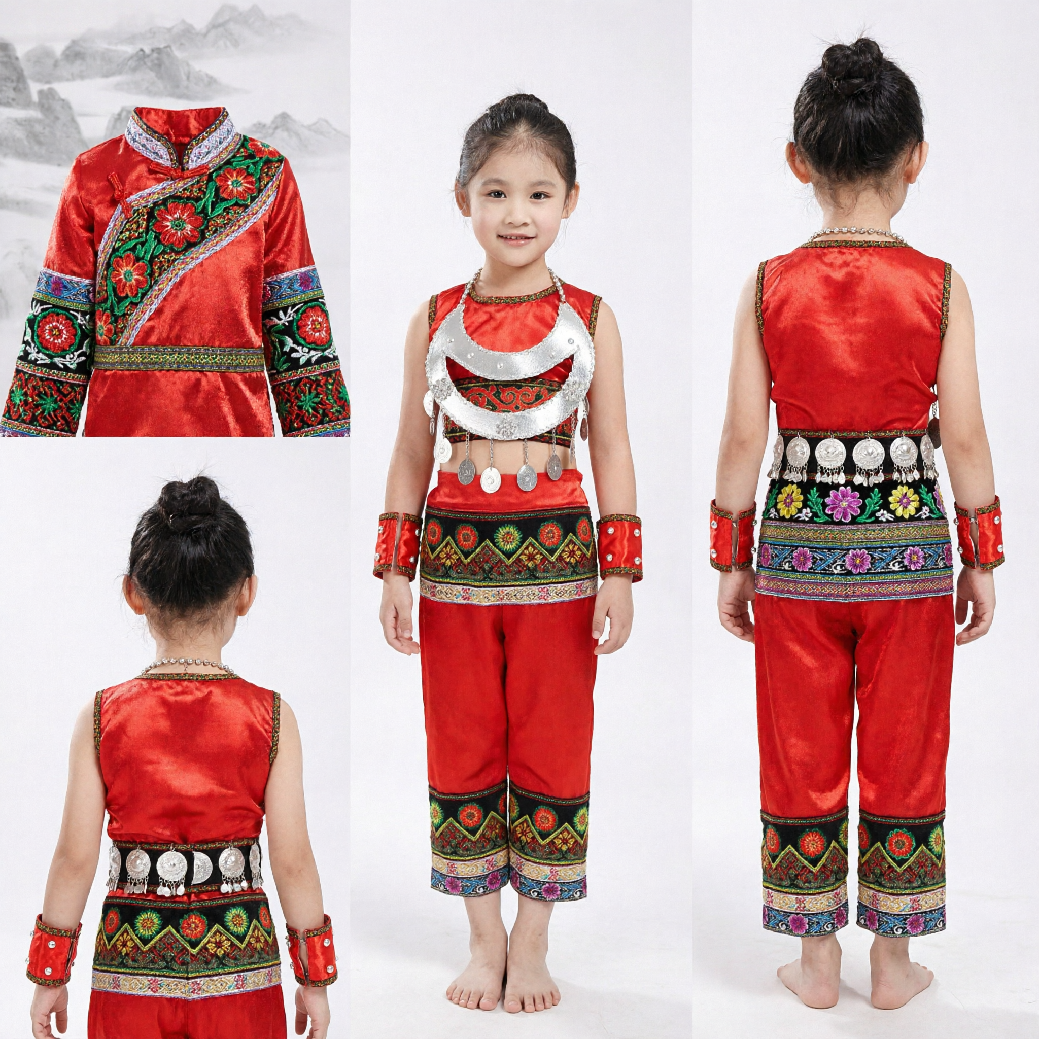 Kids Girls Chinese Miao Ethnic Minority Dance Costume Red Traditional Performance Outfit with Silver Jewelry Accessories
