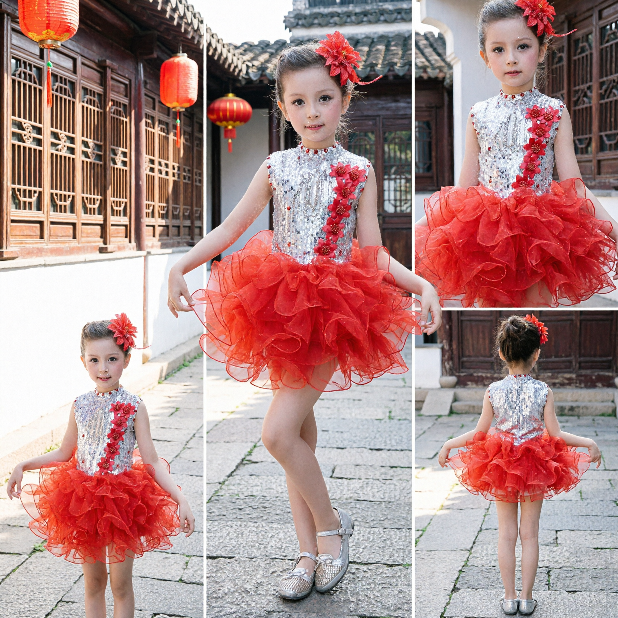 Kids Girls Latin Dance Costume Red Ruffle Tutu Sequin Top Ballroom Performance Outfit