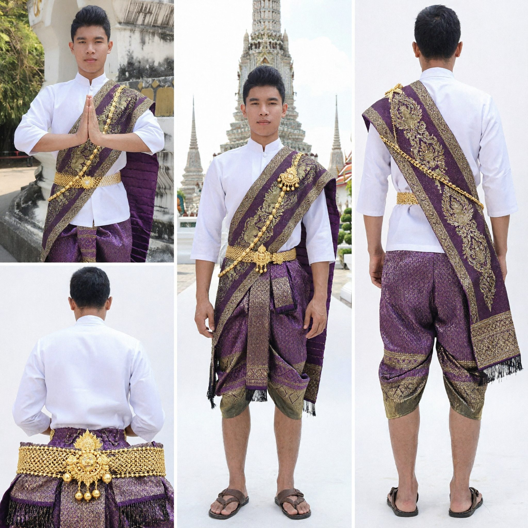 Men's Traditional Thai National Costume Purple Gold Patterned Sampot and Sabai Shawl Set for Cultural Dance Wedding