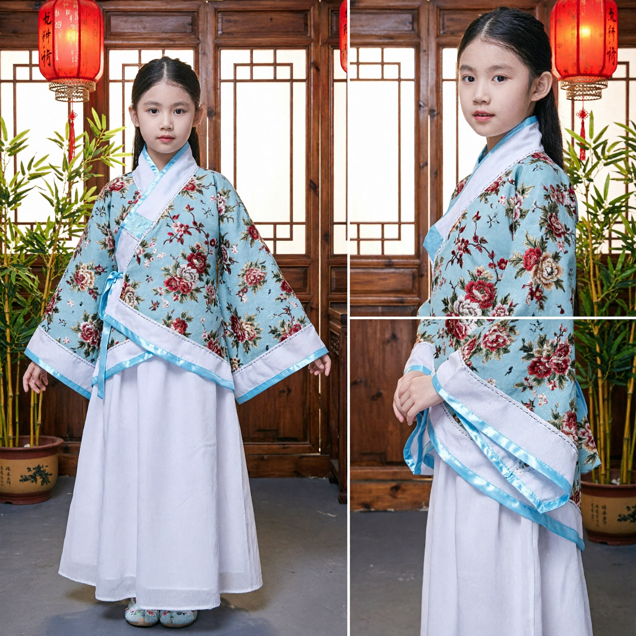 Traditional Chinese Classical Dance Costume for Girls Floral Embroidery Blue Jacket White Skirt Folk Performance
