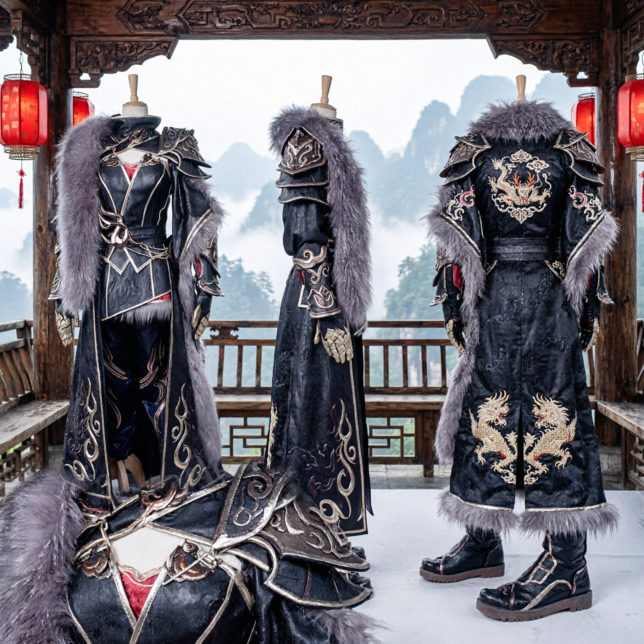 Men's Black Ancient Chinese General Cosplay Costume Wuxia Warrior Armor Outfit with Fur for Halloween