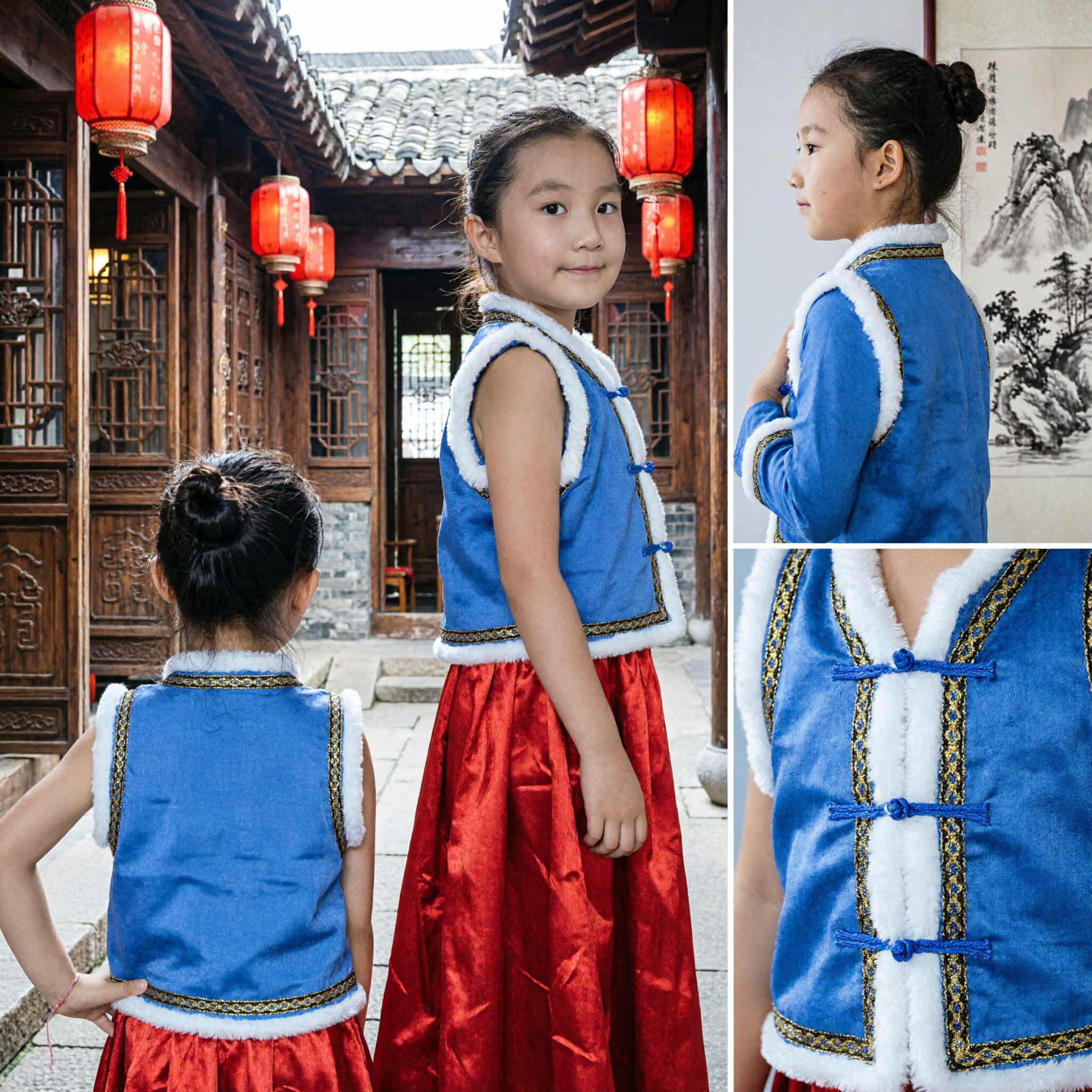 Kids Traditional Chinese Blue Ethnic Vest with White Fur Trim Folk Dance Performance Costume for Girls