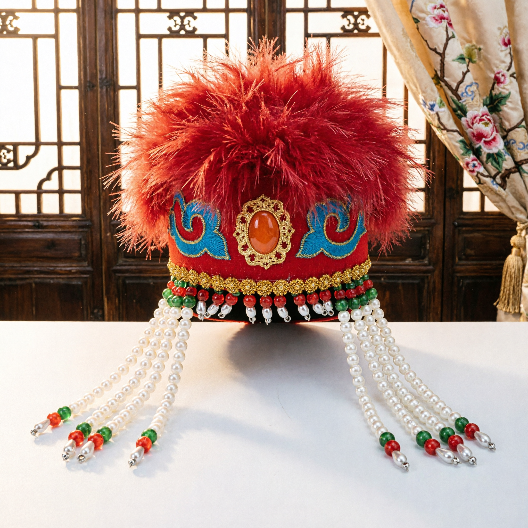 Traditional Chinese Mongolian Style Red Fur Hat with Pearl Tassels for Women Folk Dance Costume