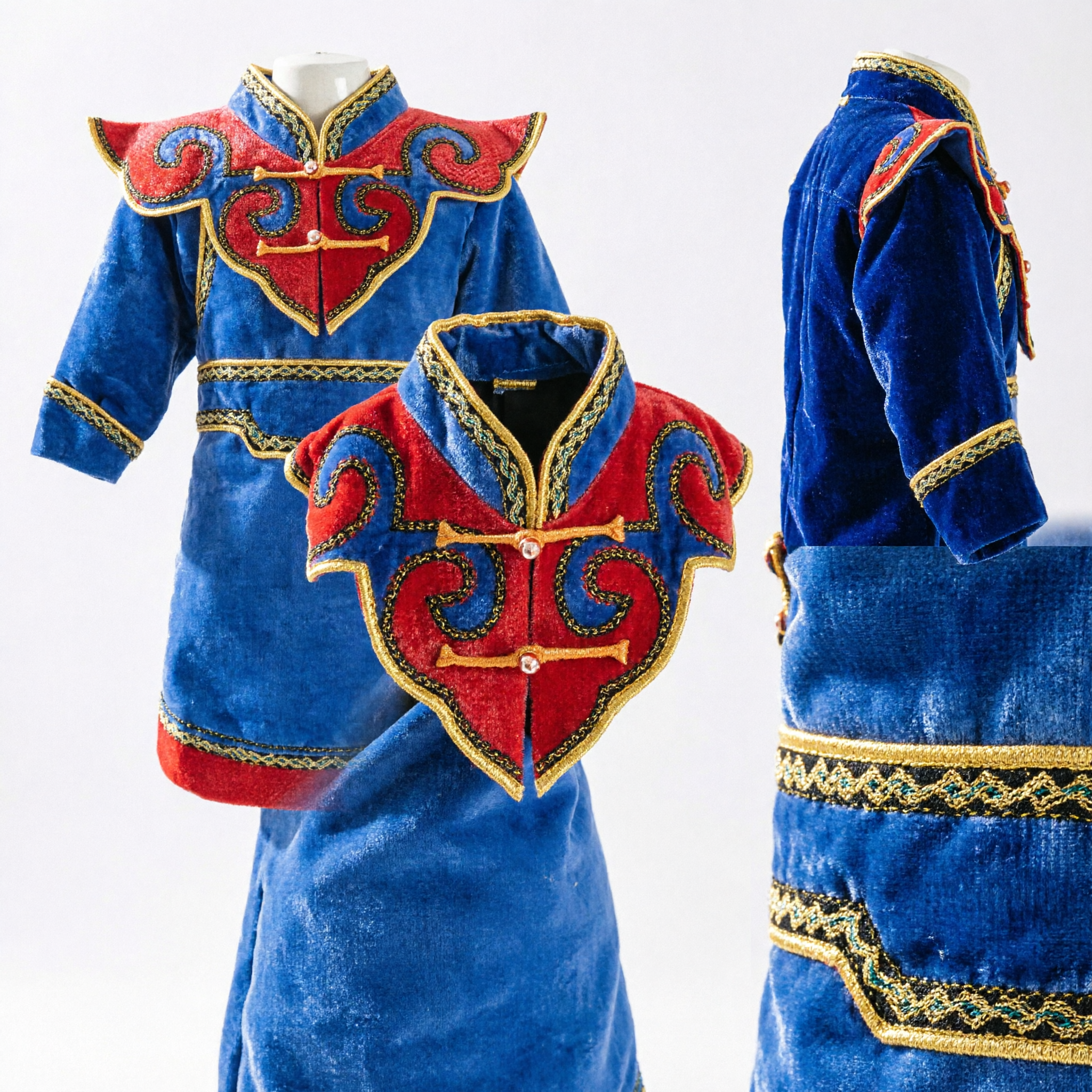Traditional Chinese Mongolian Ethnic Dance Costume Blue and Red Robe for Kids Stage Performance