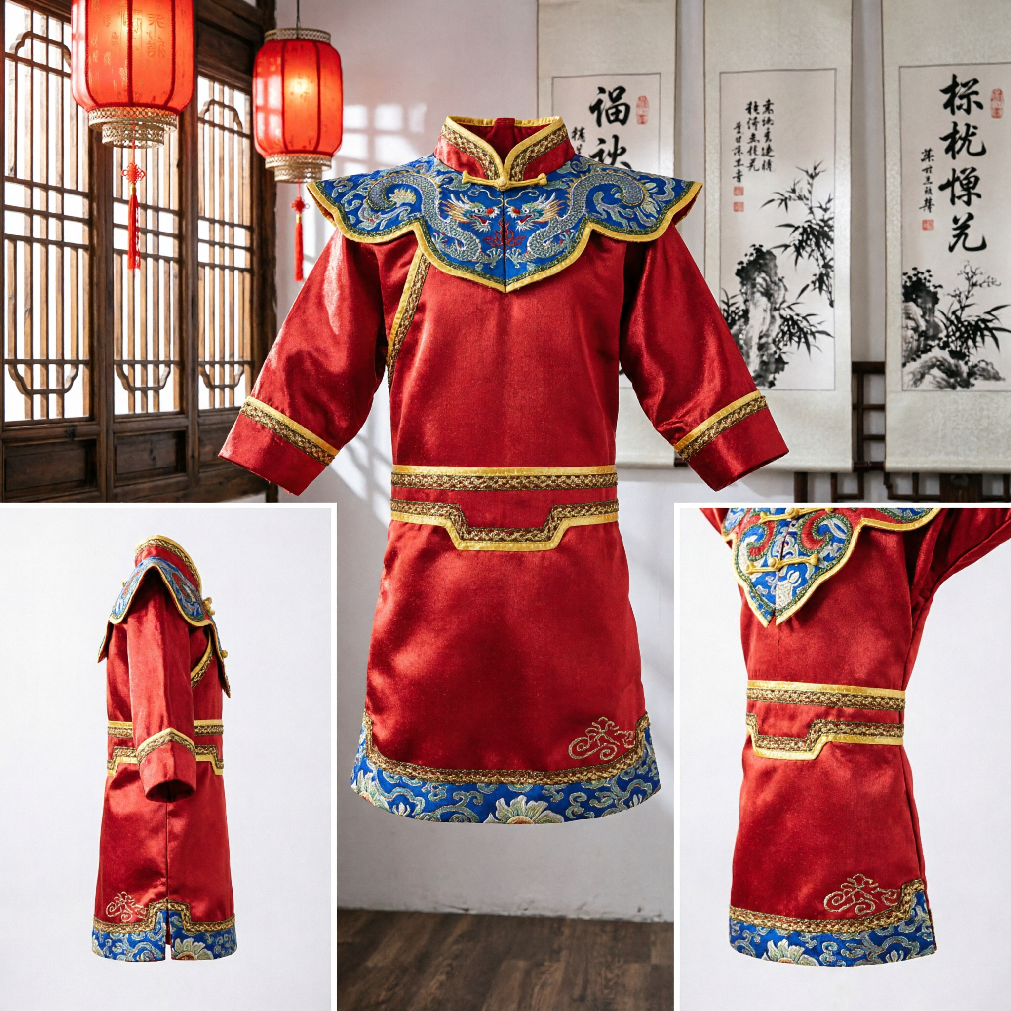 Red Traditional Chinese Dragon Embroidery Costume for Kids Boys Girls Festival Opera Performance