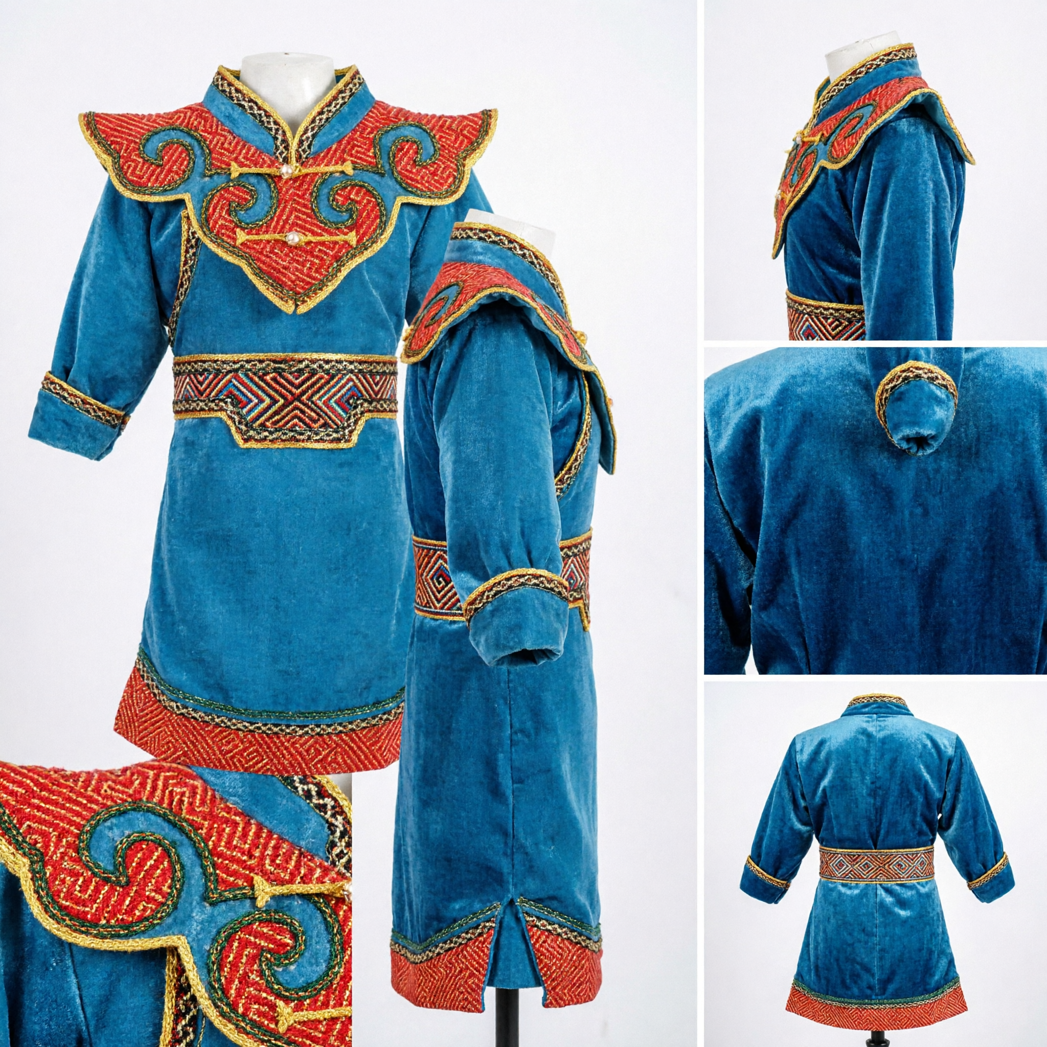 Men's Blue Traditional Mongolian Ethnic Dance Costume Chinese Folk Performance Robe with Gold Trim