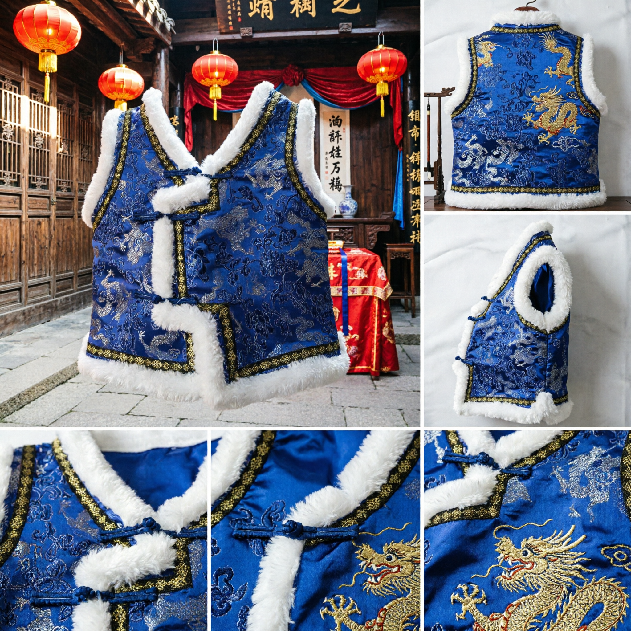 Traditional Chinese Kids Winter Vest Royal Blue Dragon Brocade Fur Lined Tang Suit for New Year Festivals
