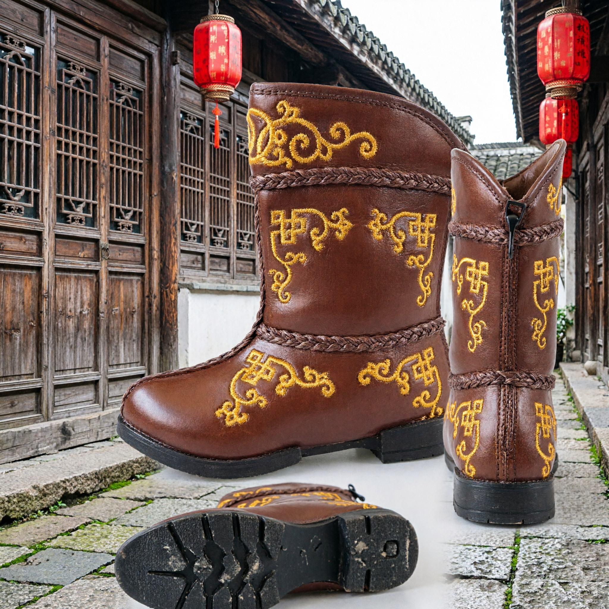 Traditional Mongolian Style Leather Boots with Gold Embroidery Ethnic Folk Dance Costume Footwear for Cultural Performances