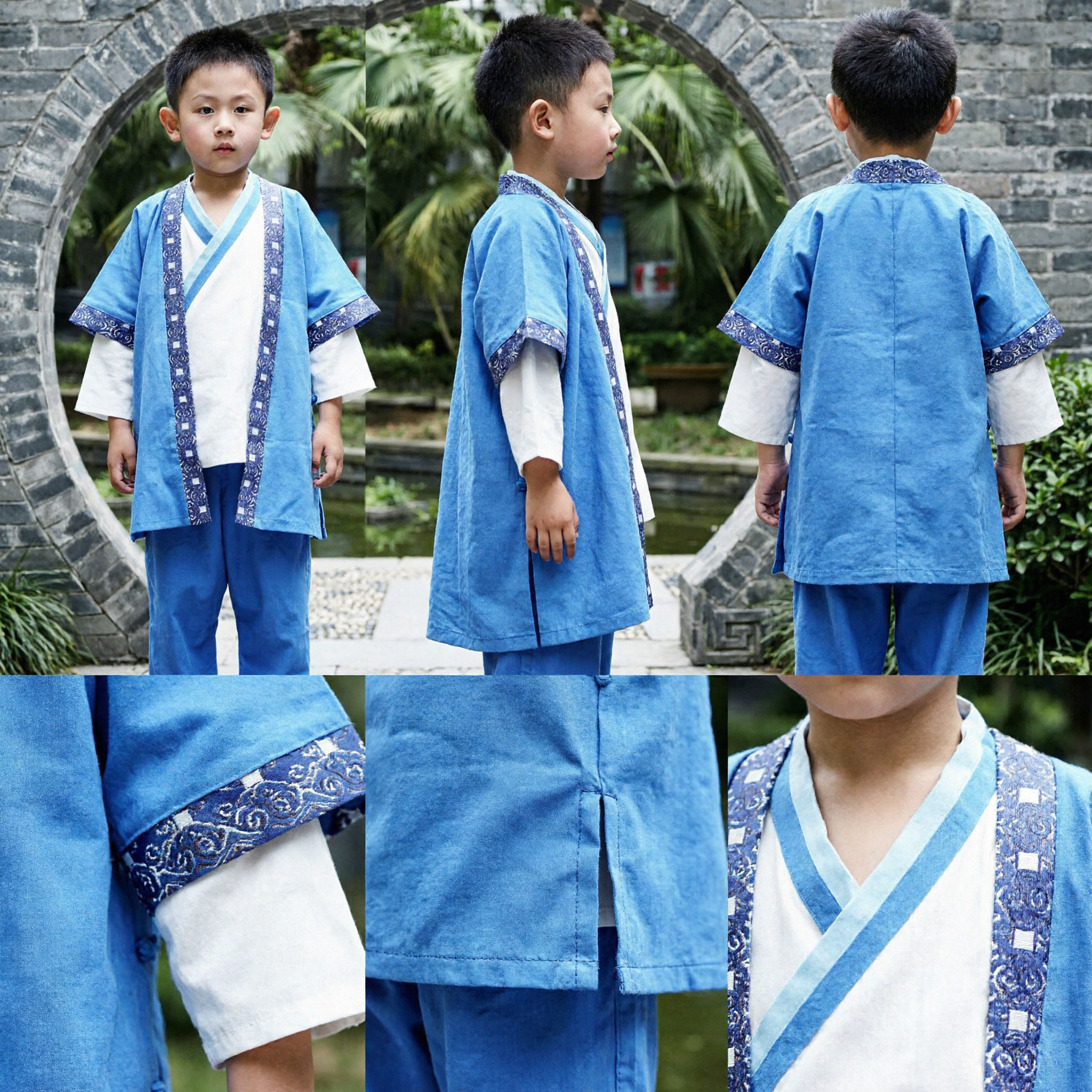 Traditional Chinese Kids Clothing Boys Blue Ancient Scholar Hanfu Costume Set for Cultural Performance