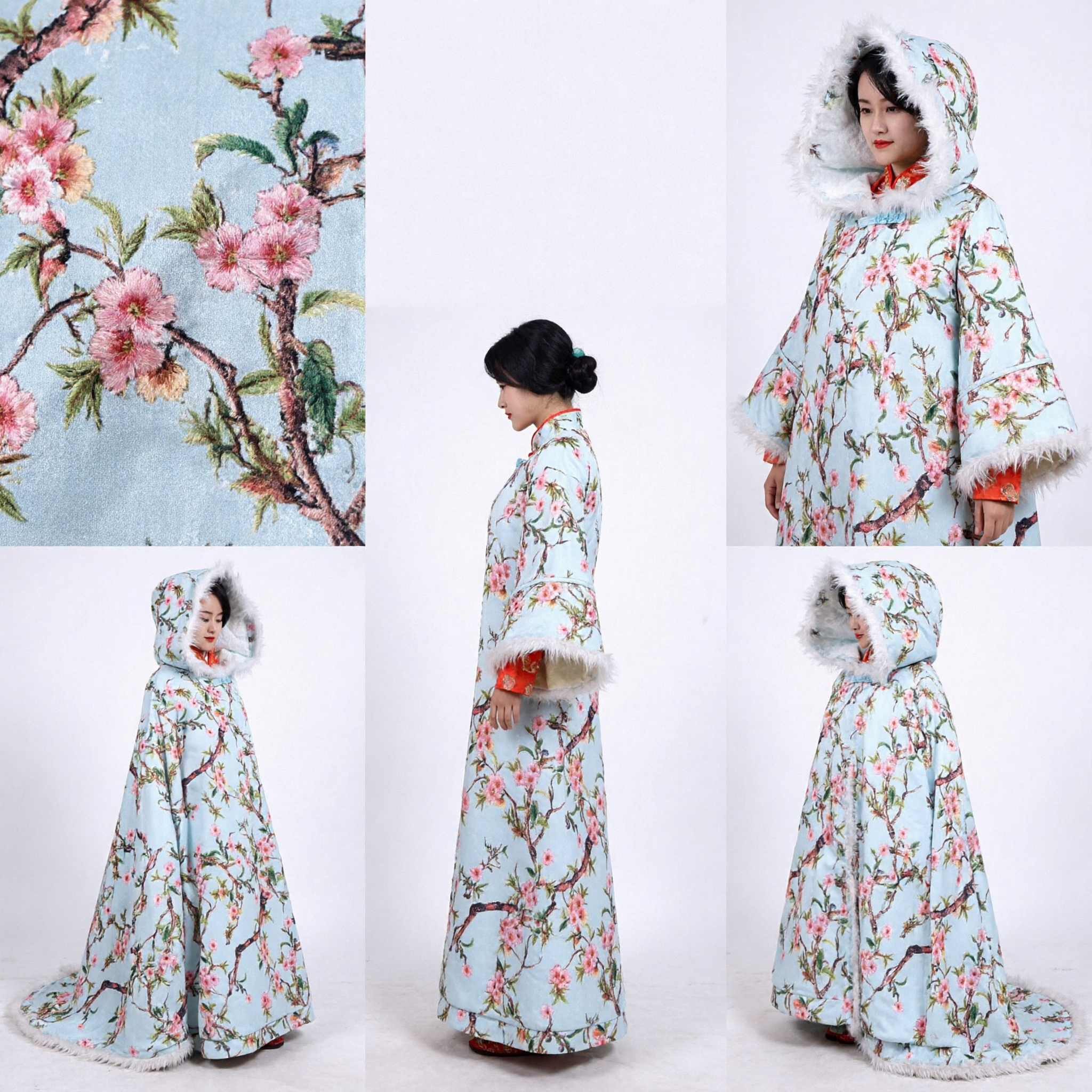 Traditional Chinese Hanfu Winter Cloak Blue Floral Plum Blossom Cape with Fur Hood for Women