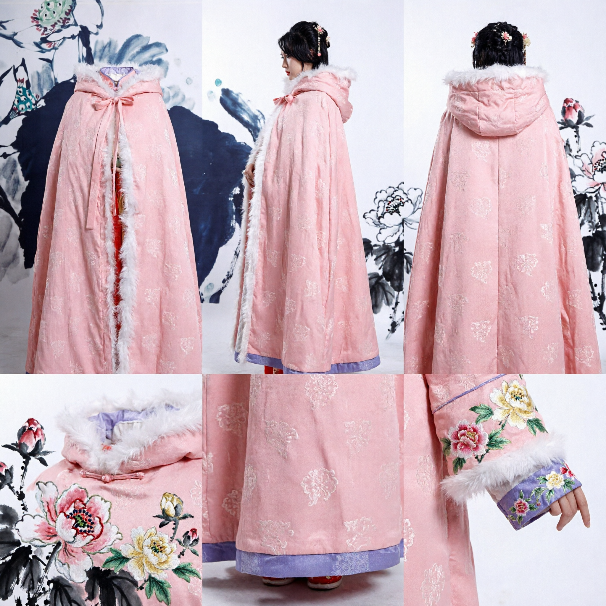 Pink Traditional Chinese Hanfu Winter Cloak Cape with White Fur Trim Ancient Costume for Women