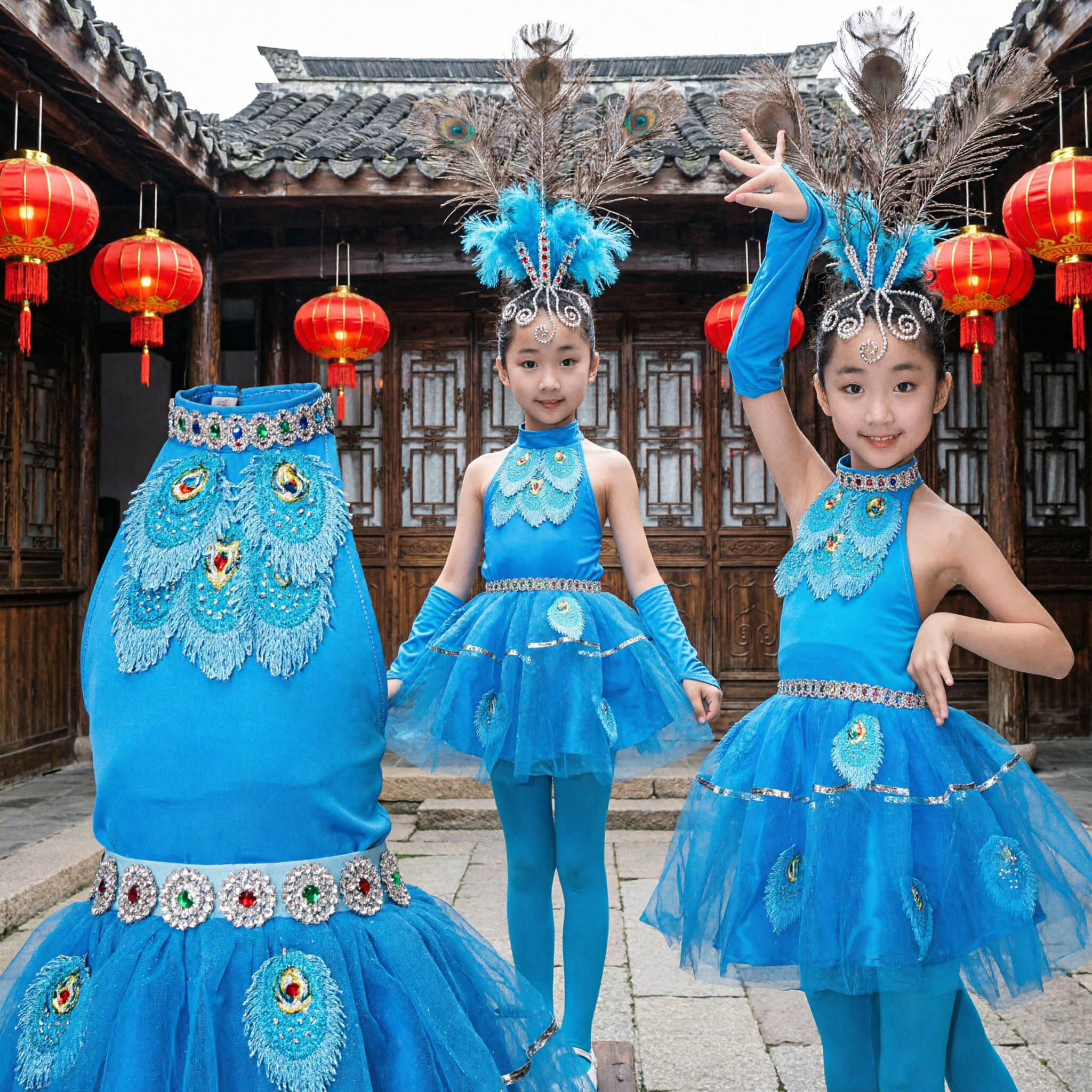 Blue Peacock Dance Costume for Girls Kids Stage Performance Dress Traditional Ethnic Dai Minority Outfit