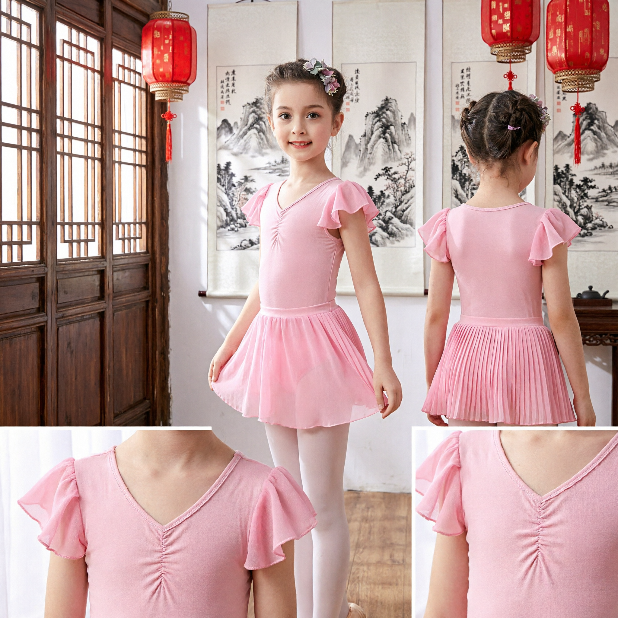 Pink Girls Ballet Leotard with Ruffled Skirt Short Sleeve Dance Dress for Kids Class Performance