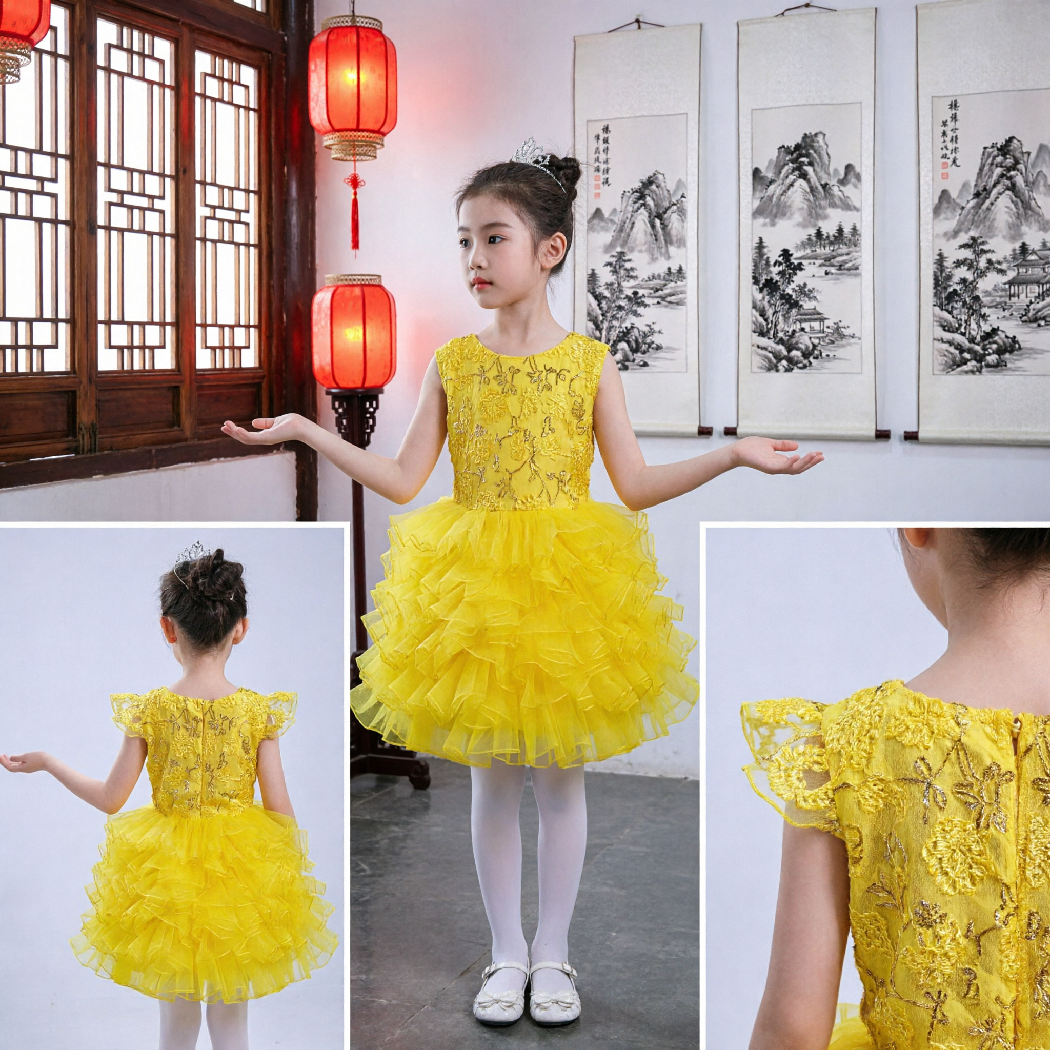 Kids Yellow Sequin Bodice Ruffled Tulle Dress Girls Stage Dance Performance Princess Costume