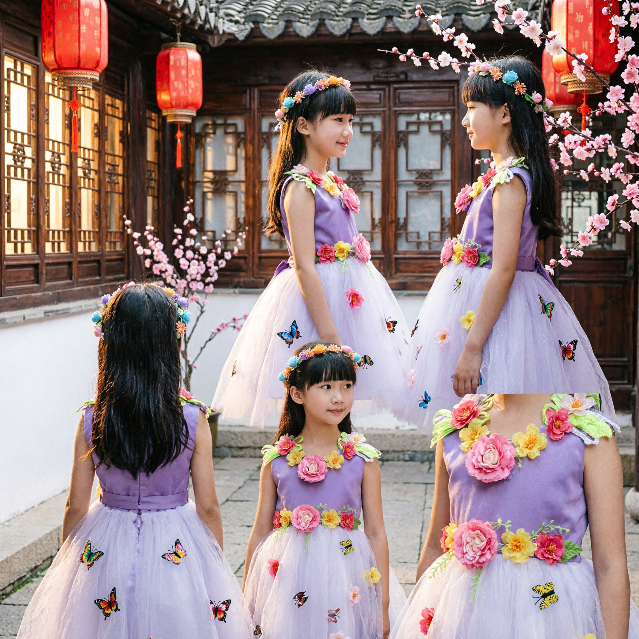 Girls Spring Flower Fairy Dance Costume Purple Bodice White Tulle Tutu Stage Performance Dress