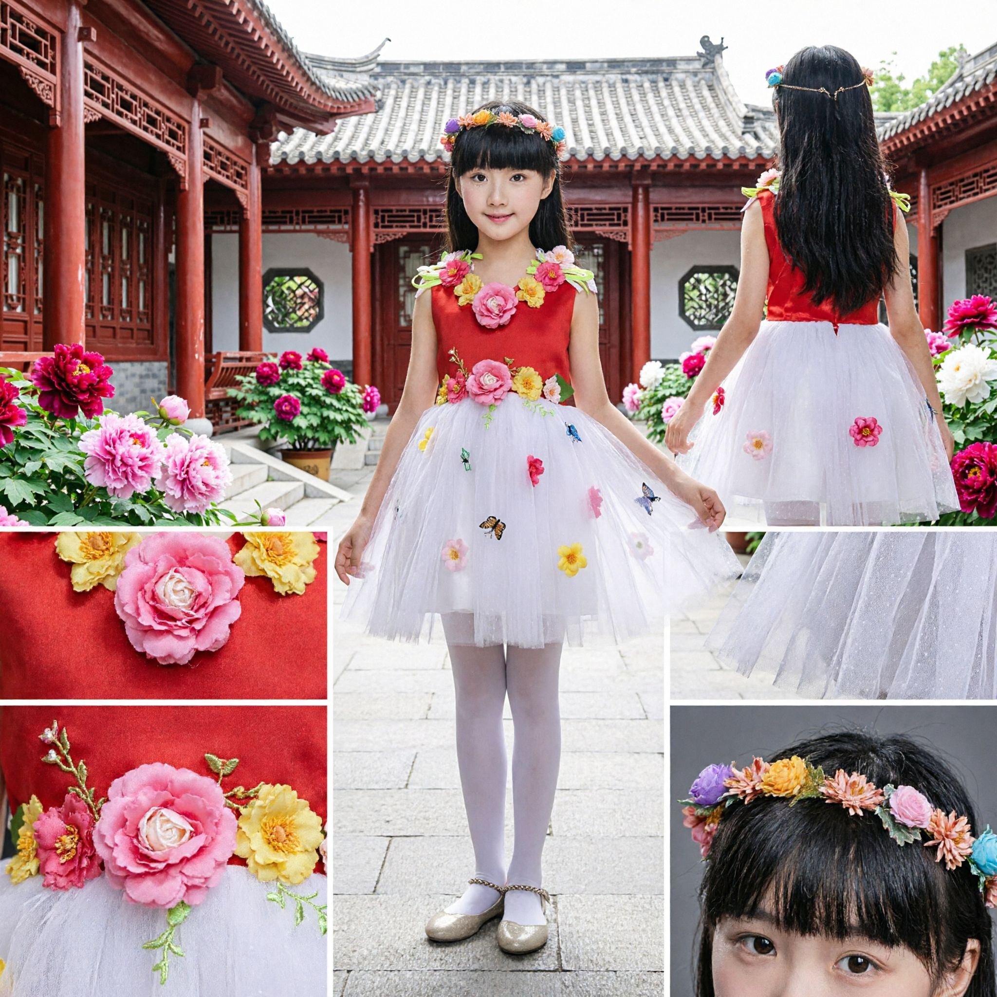 Girls Red Floral Bodice White Tulle Tutu Skirt Stage Performance Dress for Dance Recital and Choir