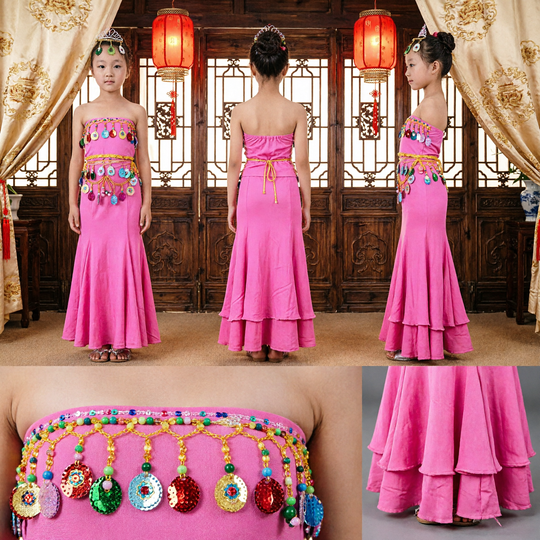 Girls Traditional Chinese Dai Ethnic Peacock Dance Costume Pink Long Dress Stage Performance Outfit