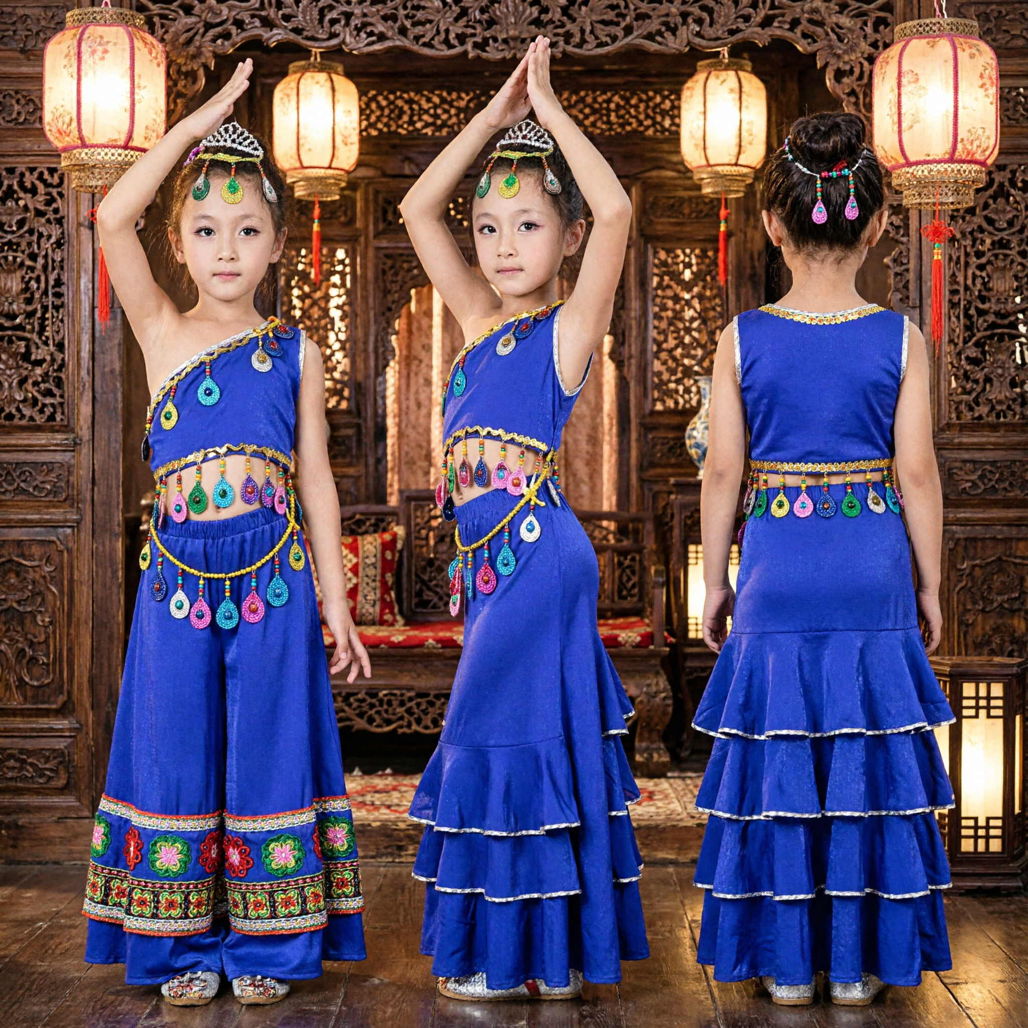 Blue Chinese Dai Ethnic Minority Dance Costume for Kids Girls Peacock Stage Performance Dress