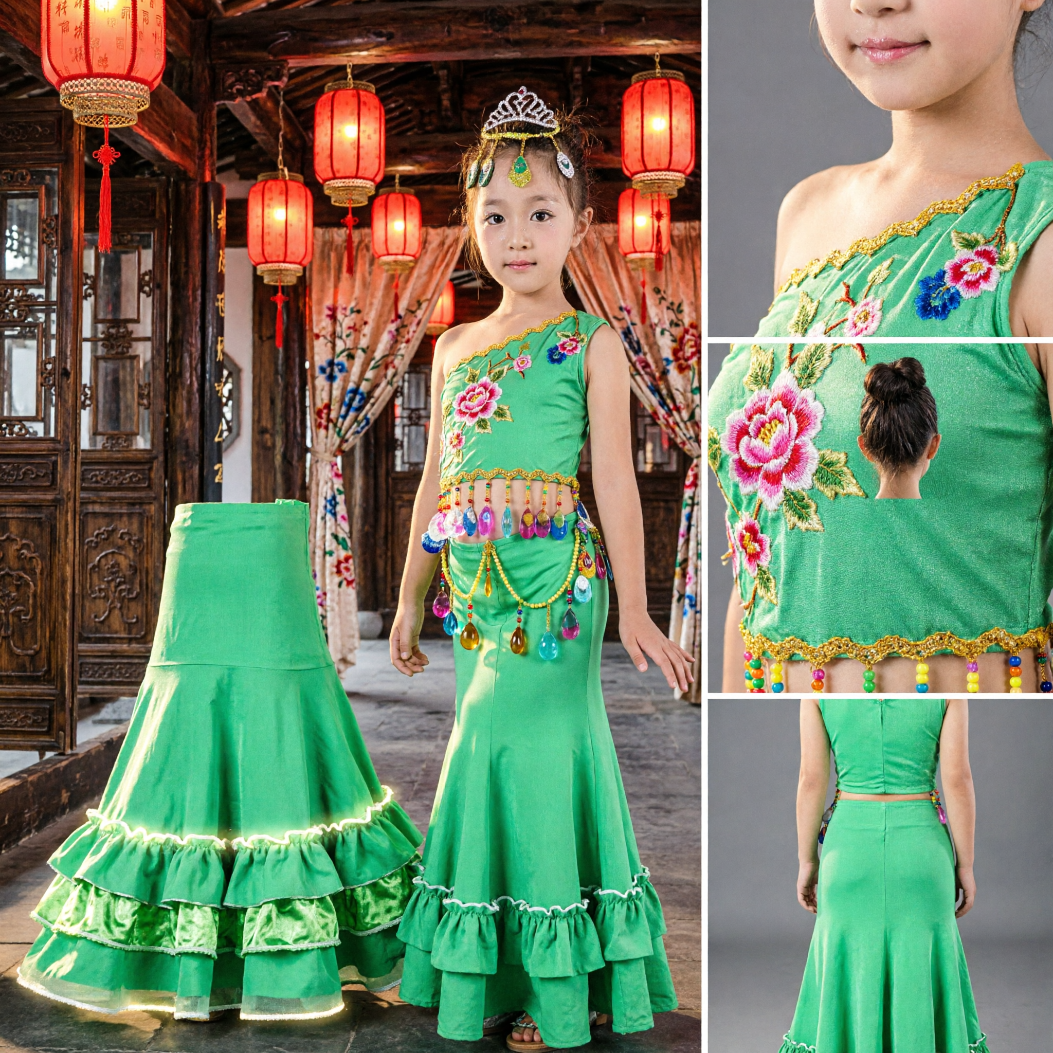 Girls Green Dai Ethnic Peacock Dance Costume Traditional Chinese Folk Dress Kids Stage Performance Outfit