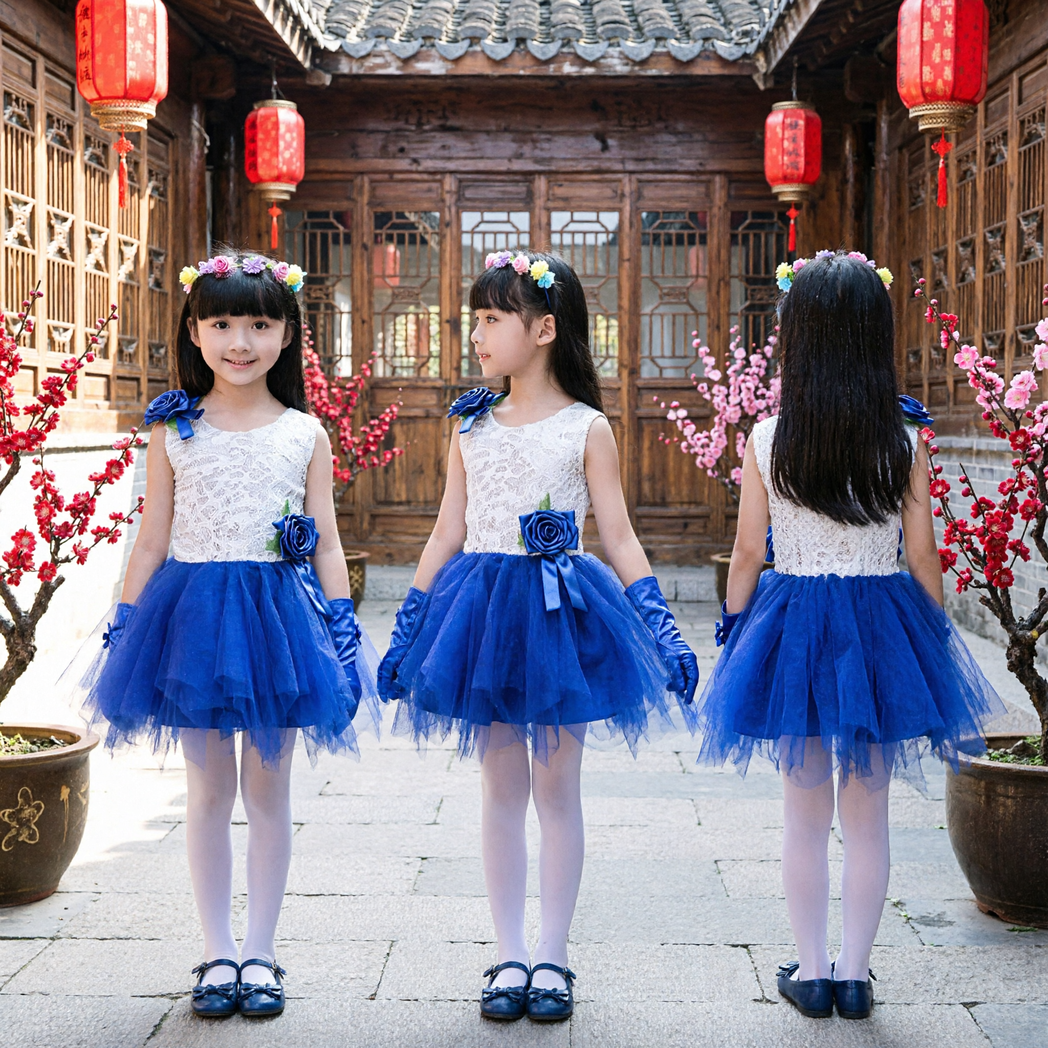 Girls Blue and White Lace Tutu Dress Flower Girl Party Pageant Performance Costume with Gloves