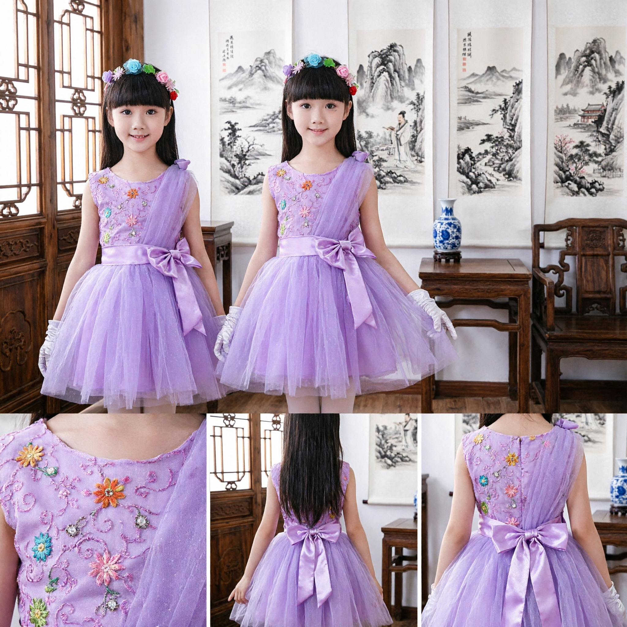 Purple Tulle Ballet Dance Dress for Girls Floral Embroidery Performance Costume Kids Party Wear