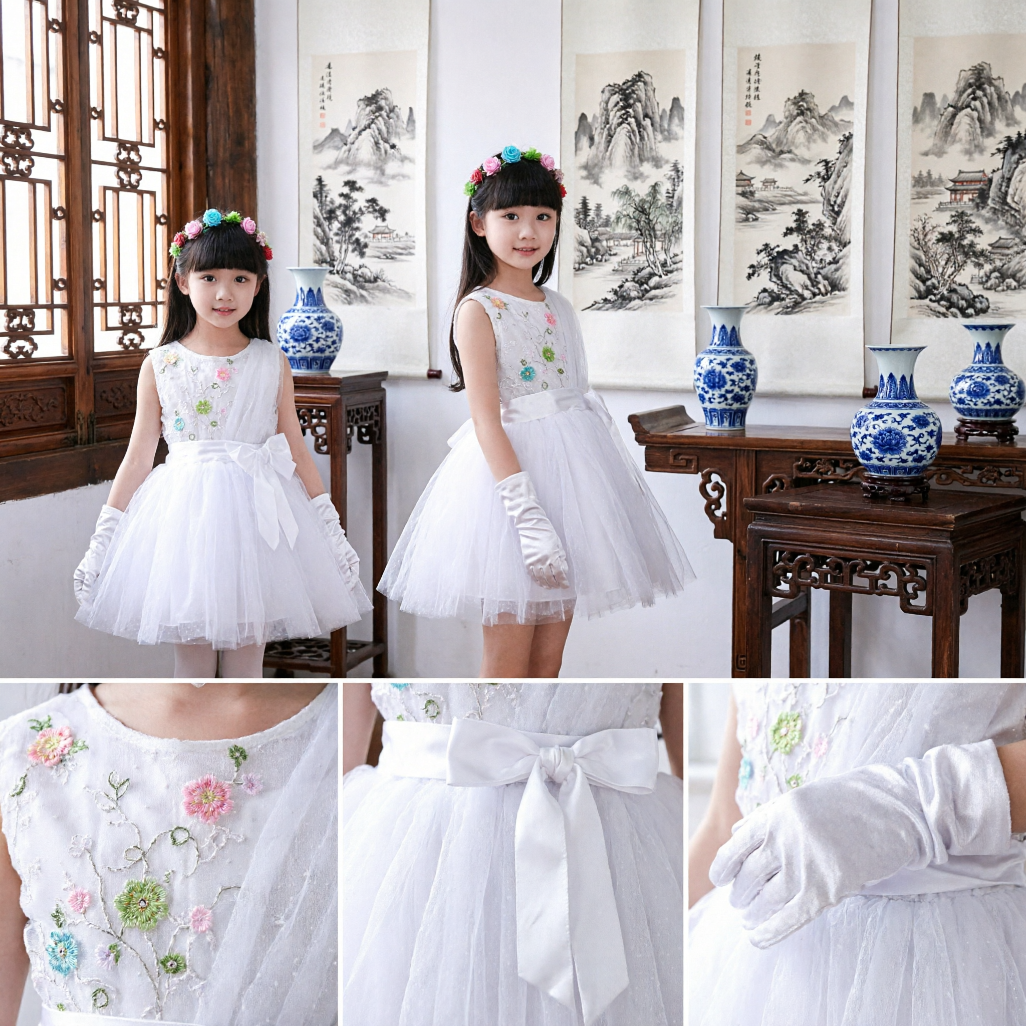 Girls White Floral Princess Dance Costume with Tulle Skirt and Gloves for Stage Performance Wedding