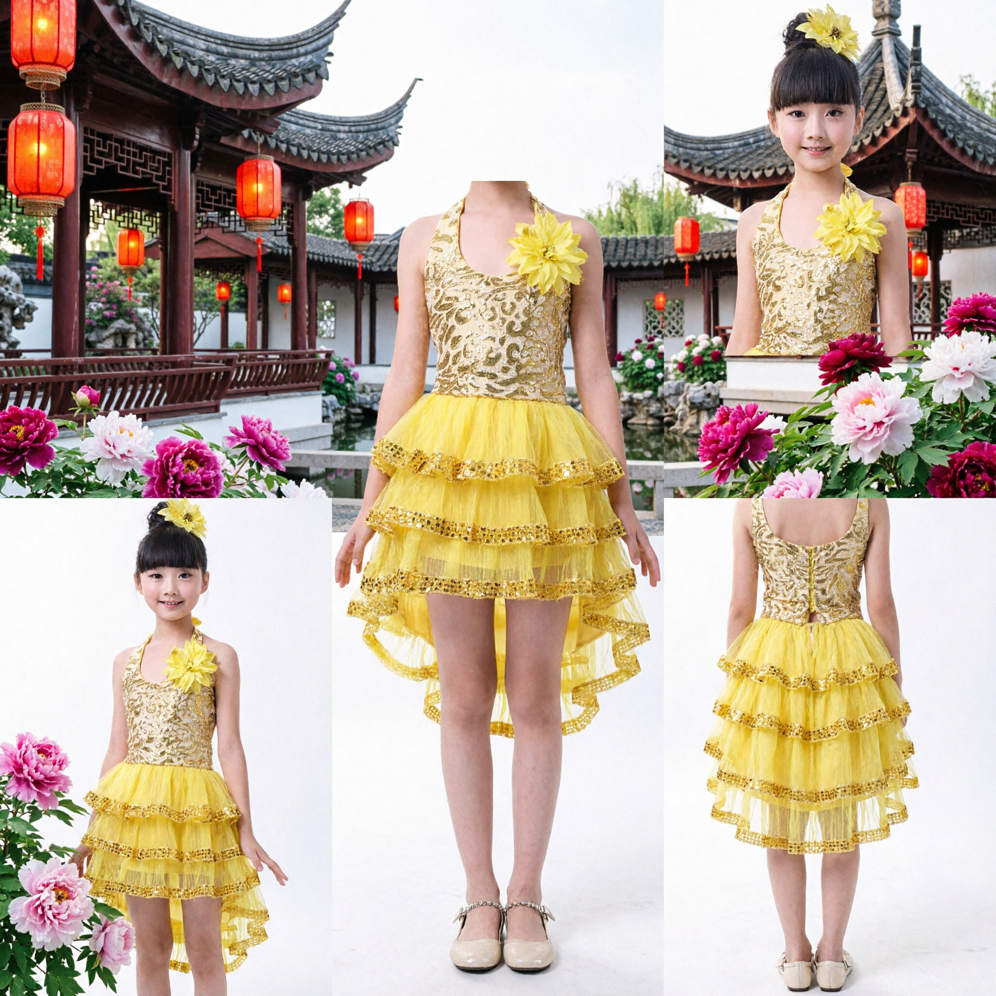 Kids Girls Yellow Latin Dance Dress Sequin Ruffle Ballroom Costume for Stage Performance Competition