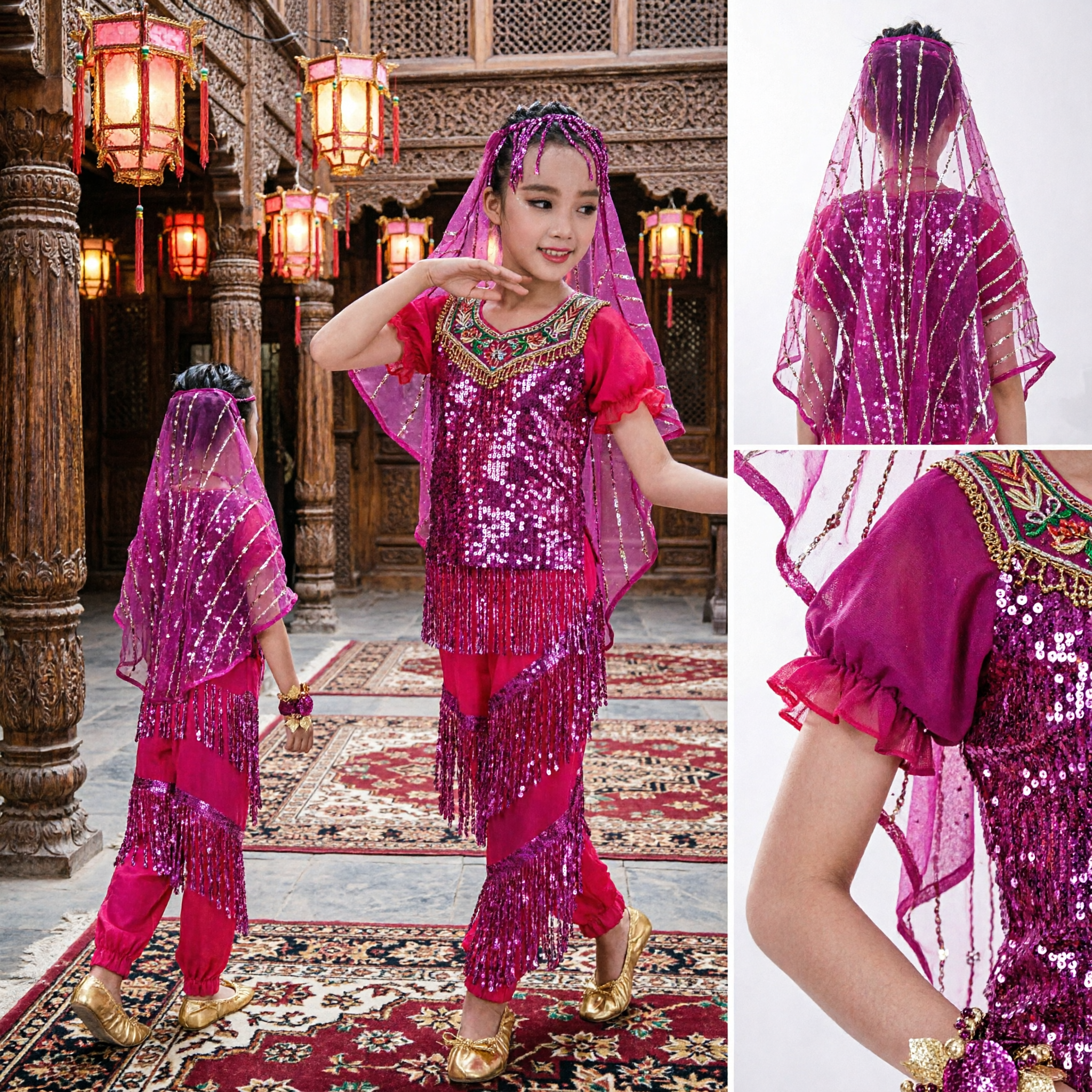 Vibrant Hot Pink Sequin Fringe Dance Costume for Girls Bollywood Belly Dance Stage Performance Set
