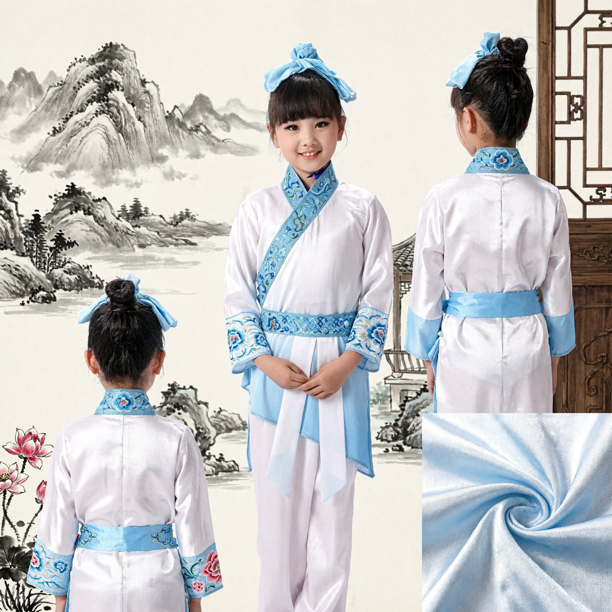 Blue and White Kids Chinese Traditional Hanfu Costume Ancient Scholar Outfit for Stage Performance and Dance
