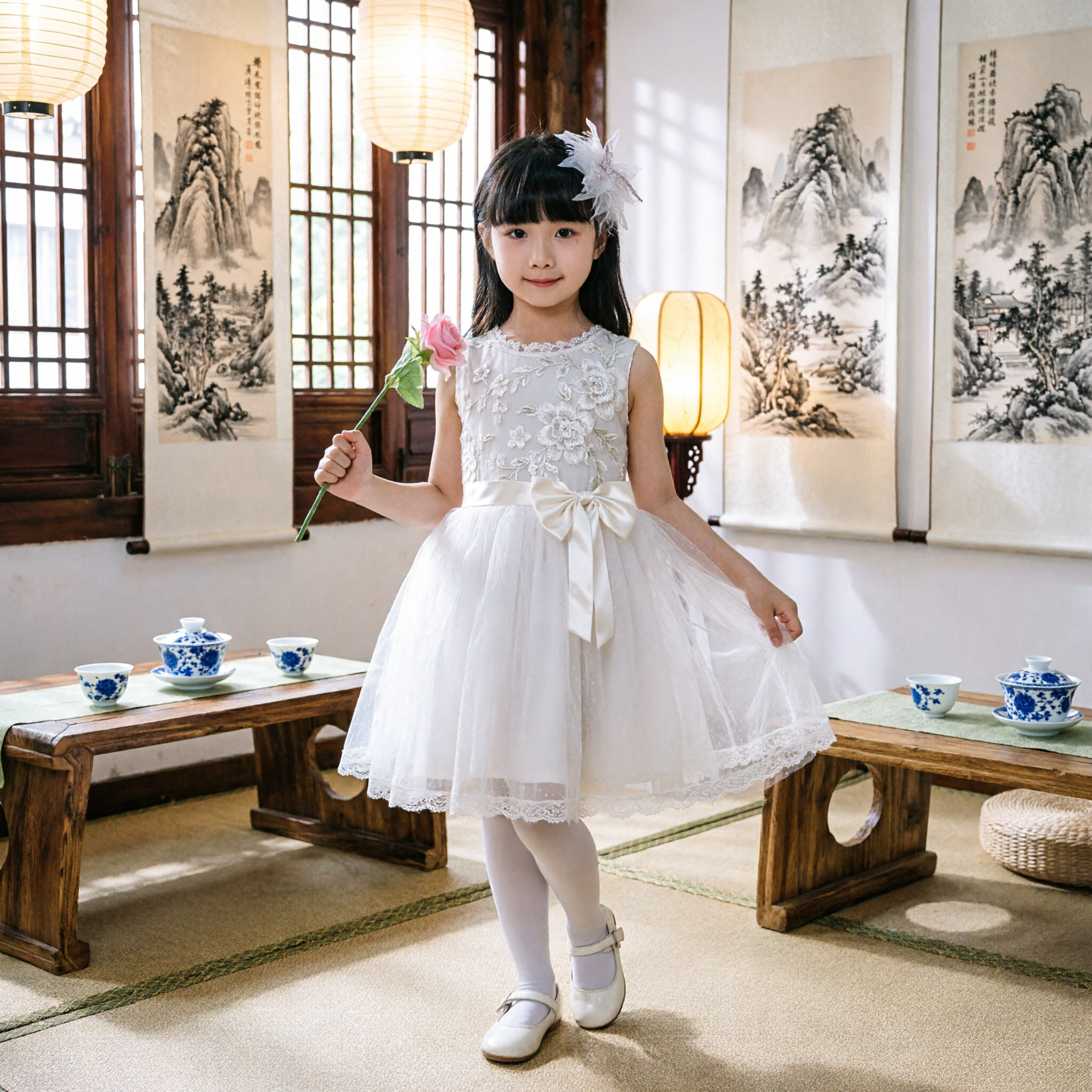 Elegant White Princess Flower Girl Dress Kids Wedding Party Formal Lace Tulle Gown