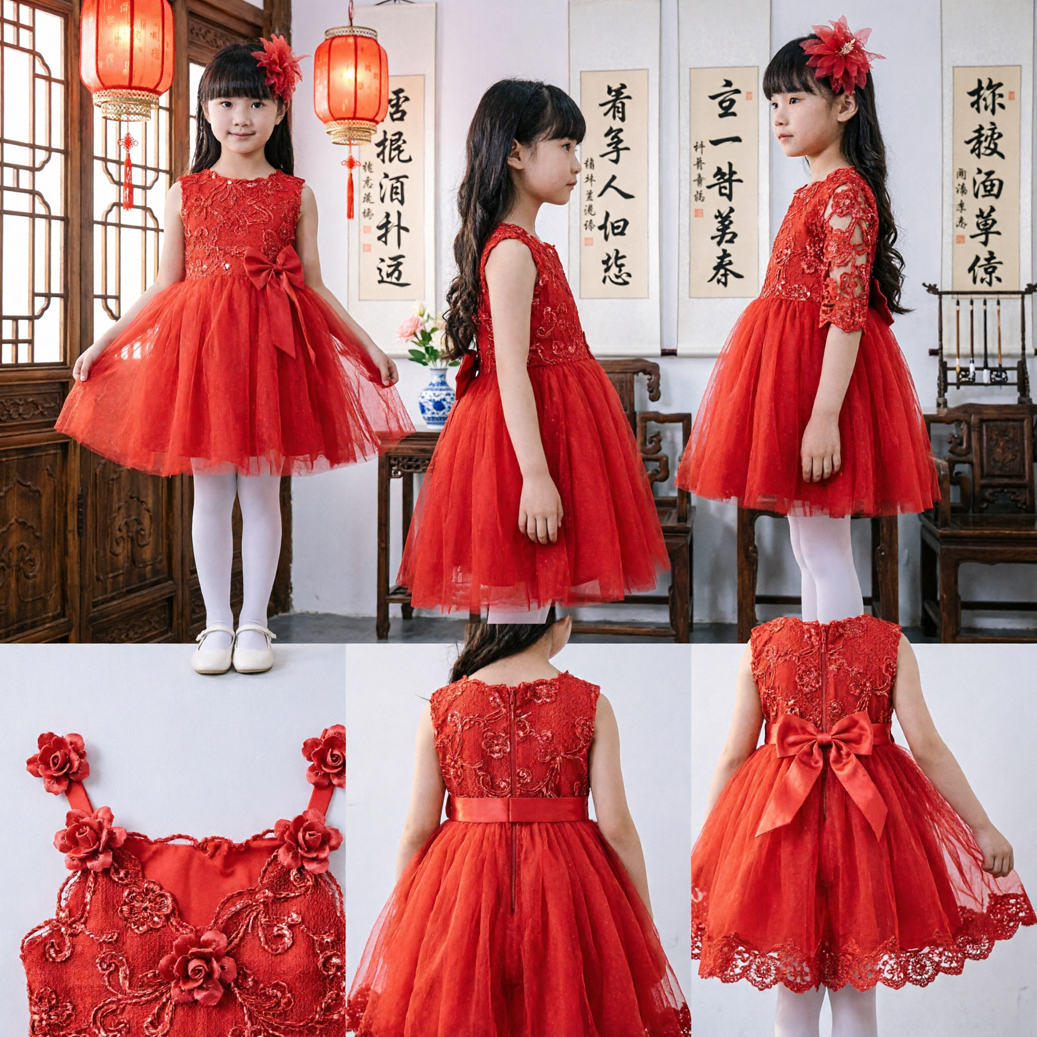 Girls Red Lace Princess Dress Tulle Party Gown Wedding Flower Girl Formal Costume
