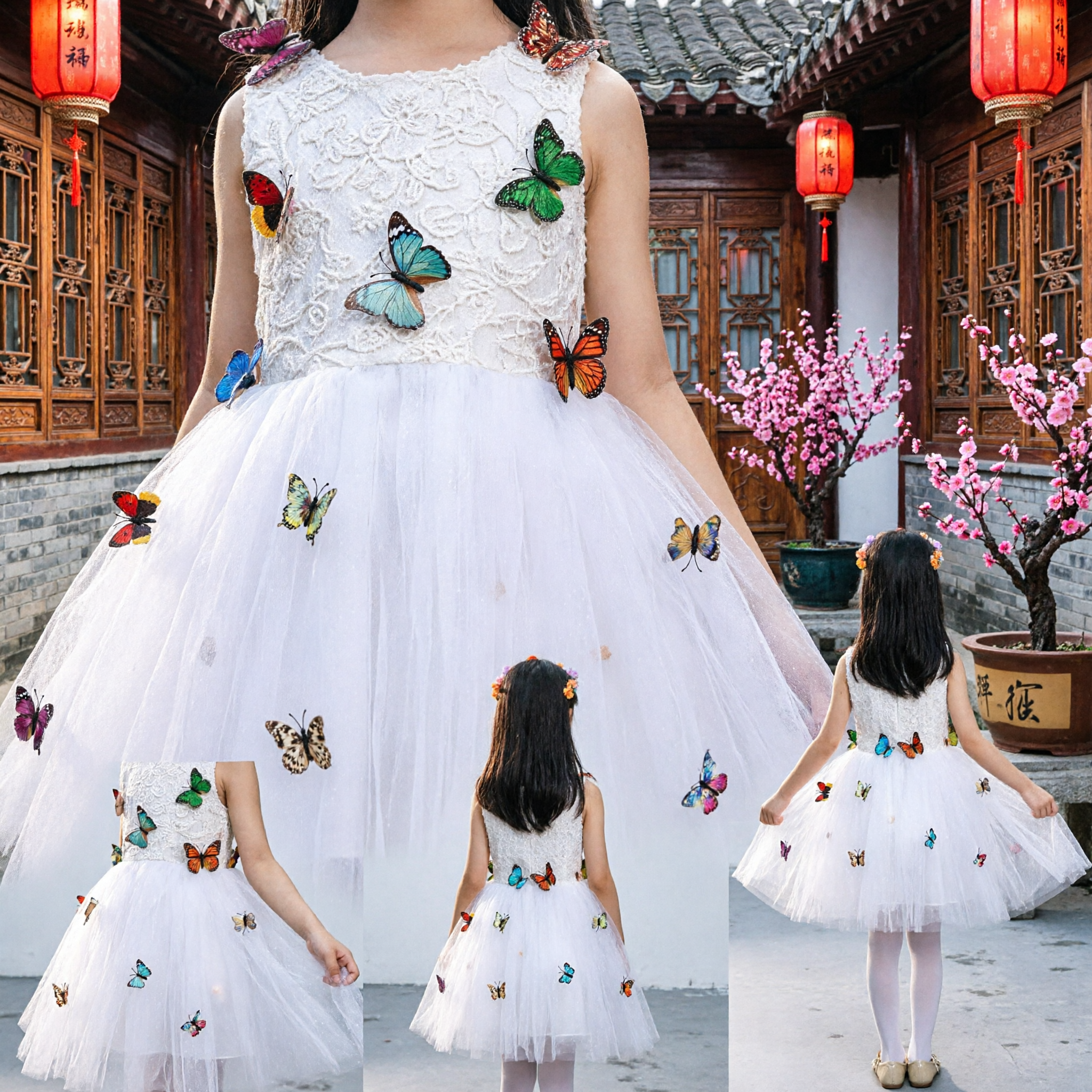 Girls White Butterfly Tutu Dress Sleeveless Tulle Flower Girl Wedding Party Dance Performance Costume