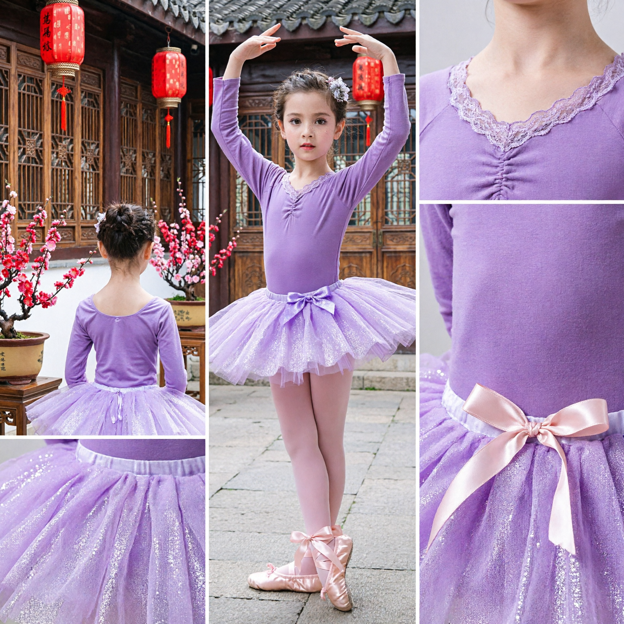 Girls Purple Chinese Dance Costume Long Sleeve Ballet Tutu Leotard Traditional Kids Performance Outfit