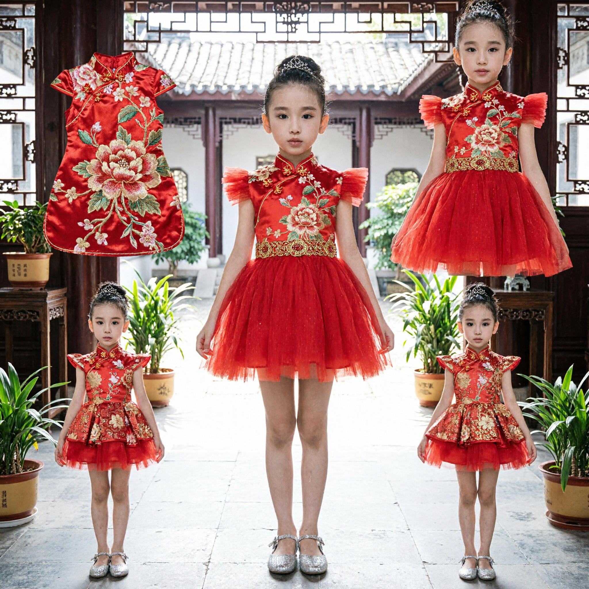 Girls Red Floral Cheongsam Dress Modern Chinese Qipao Wedding Party Performance Costume