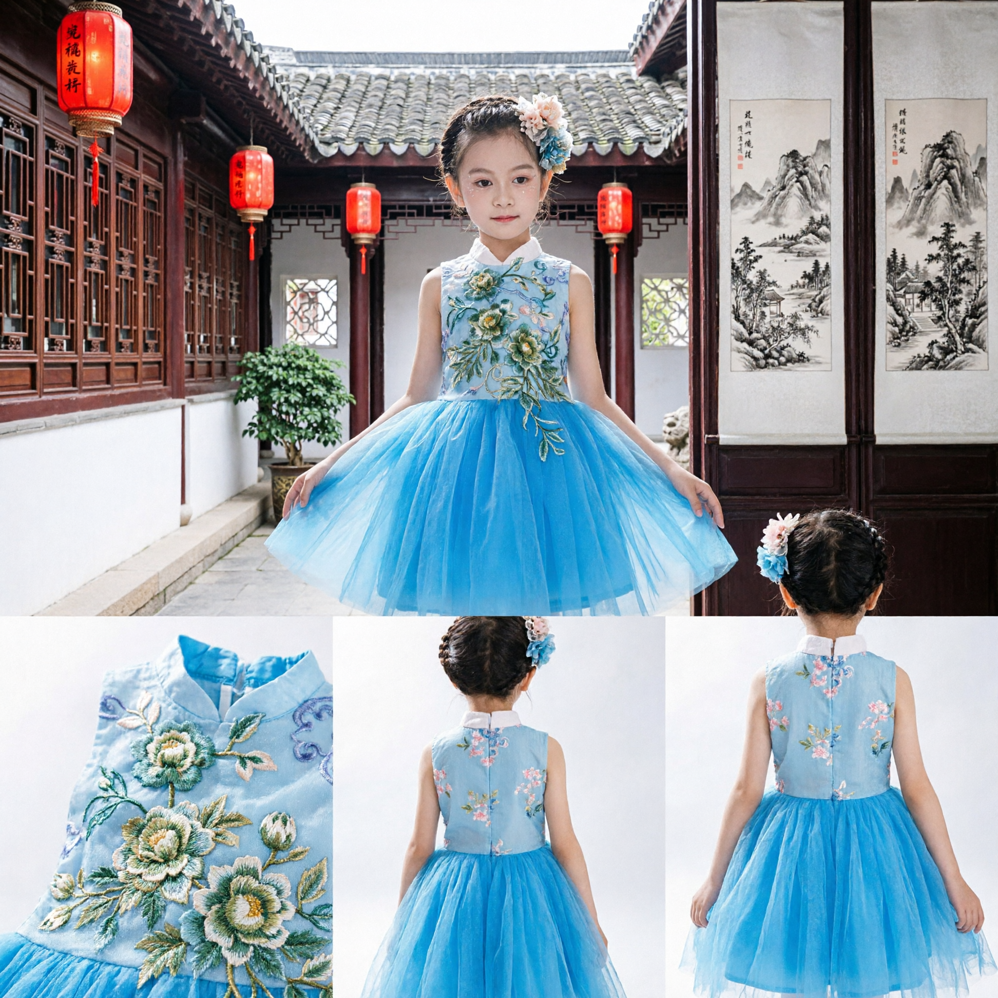 Kids Girls Blue Chinese Cheongsam Dress Traditional Qipao Tutu Skirt Embroidered Performance Party Costume
