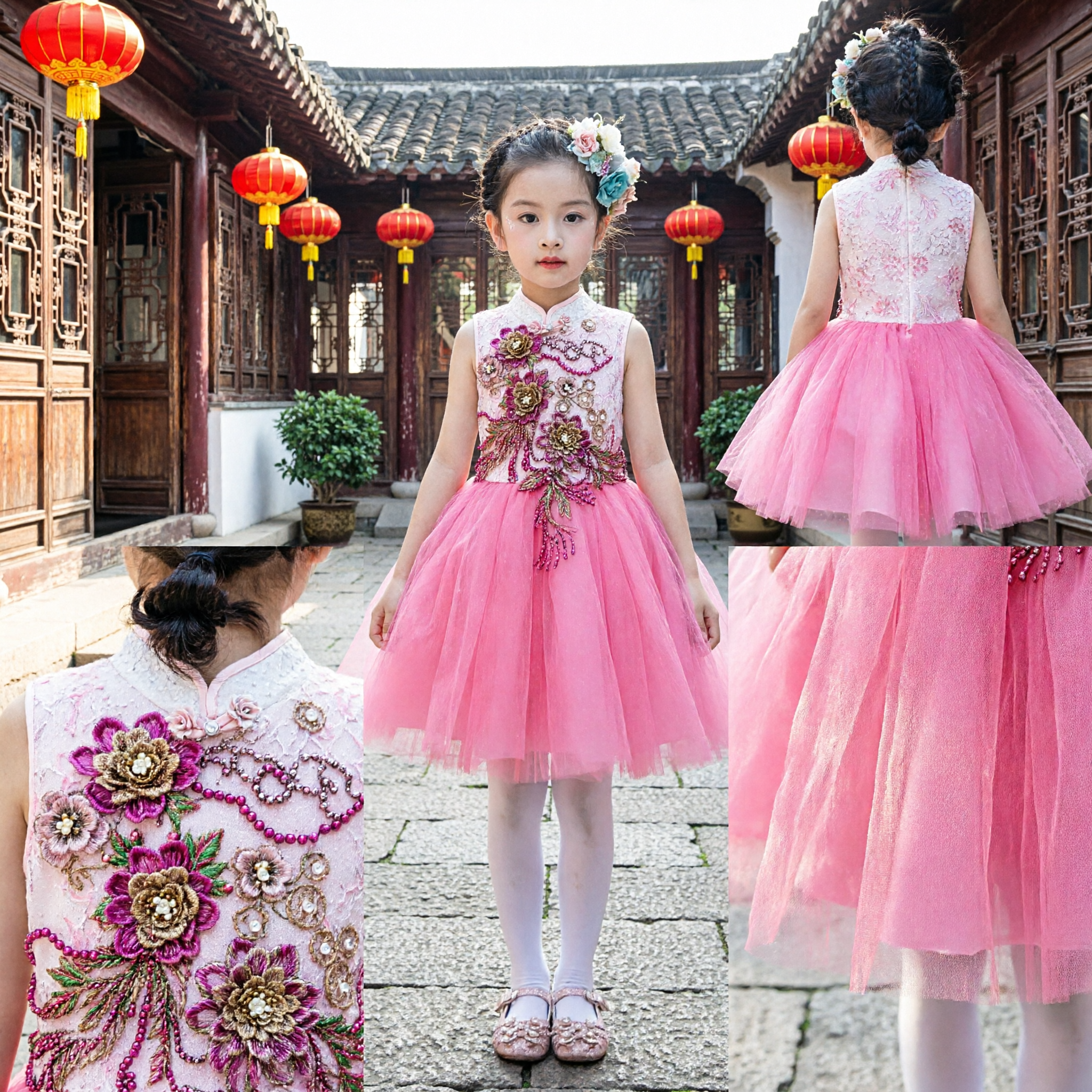 Girls Pink Traditional Chinese Cheongsam Dress with Floral Embroidery Bodice and Tulle Skirt for Weddings