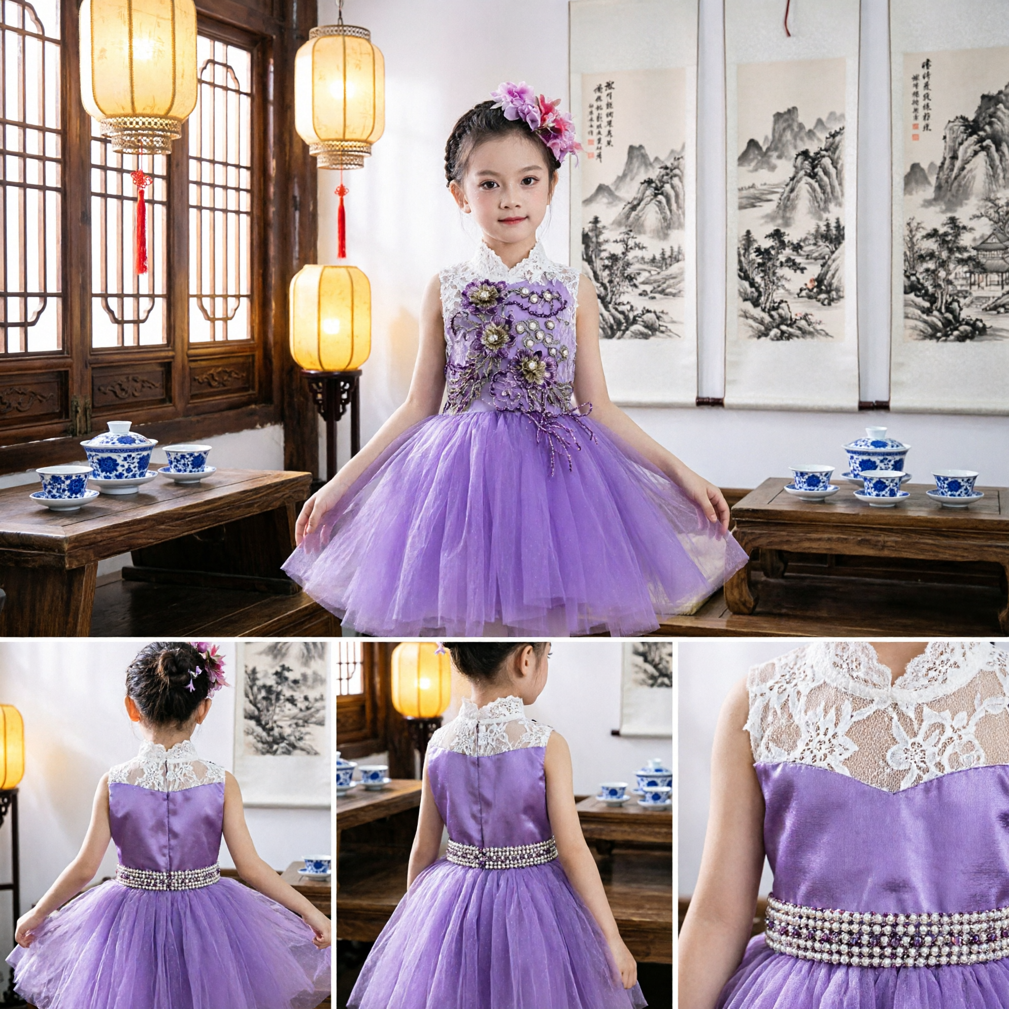 Kids Purple Floral Embroidered Tulle Dress Sleeveless Princess Gown for Wedding Party Stage Performance