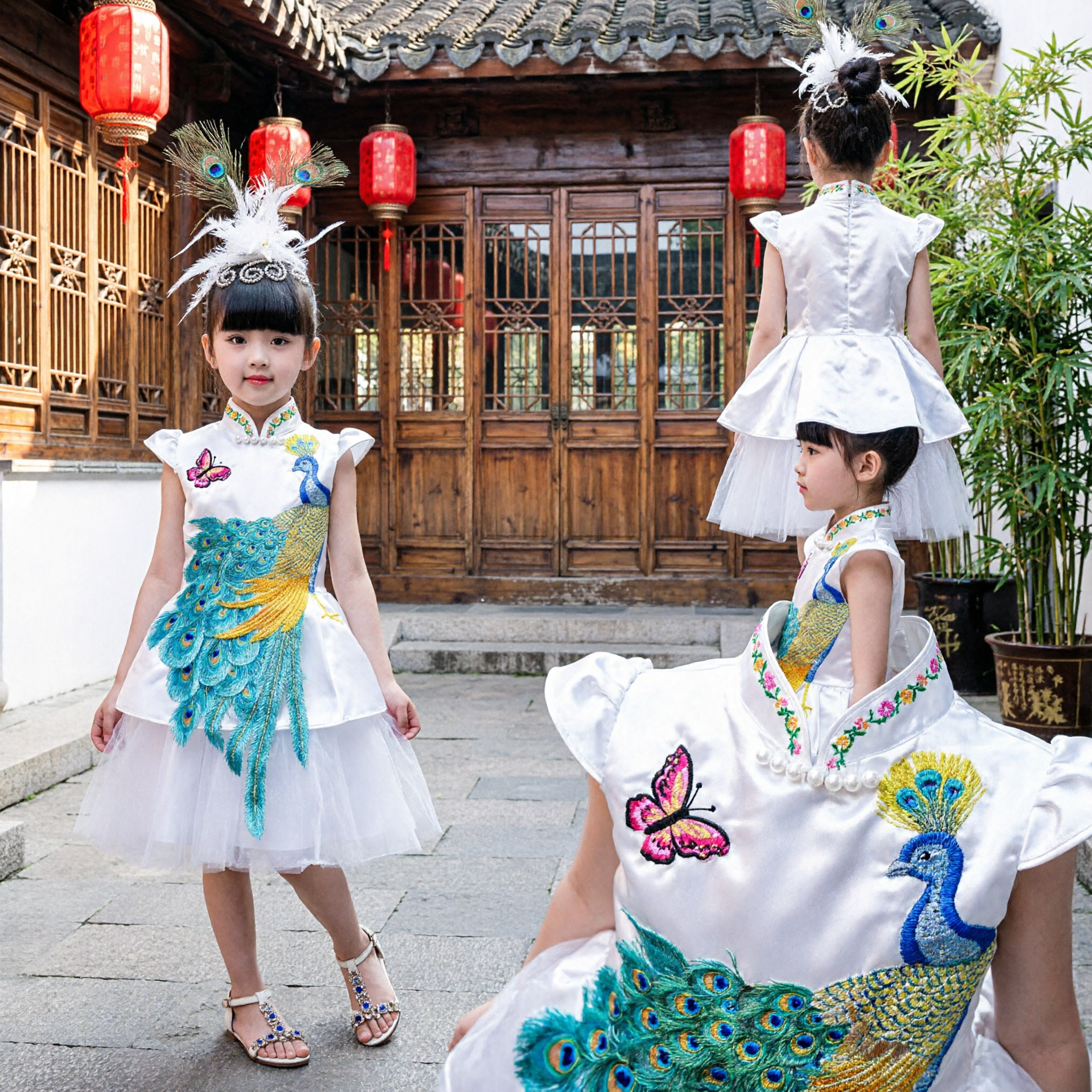 Girls White Peacock Dance Costume Traditional Chinese Performance Dress with Feather Headpiece for Kids Stage Show