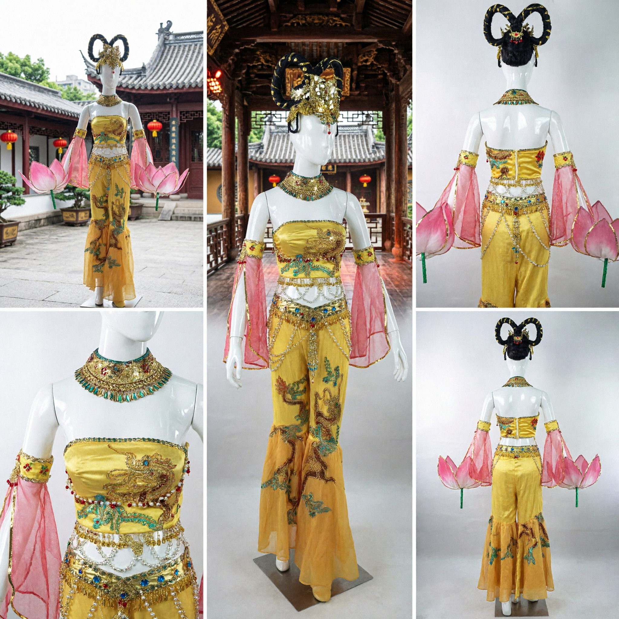 Traditional Chinese Dunhuang Flying Apsaras Dance Costume Yellow Classical Dress with Lotus Props for Women Stage Performance