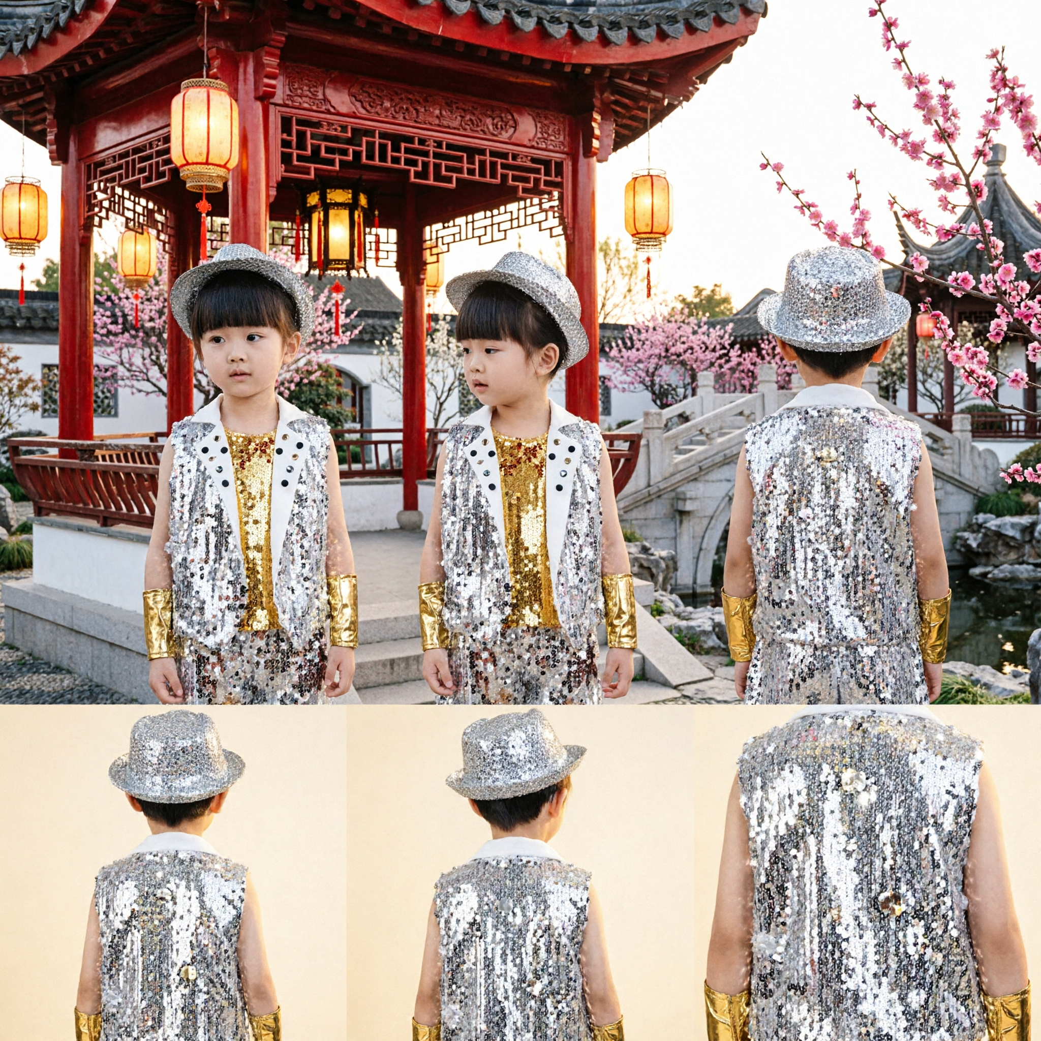 Boys Silver Sequin Jazz Dance Costume Hip Hop Stage Performance Outfit with Hat Vest and Shorts