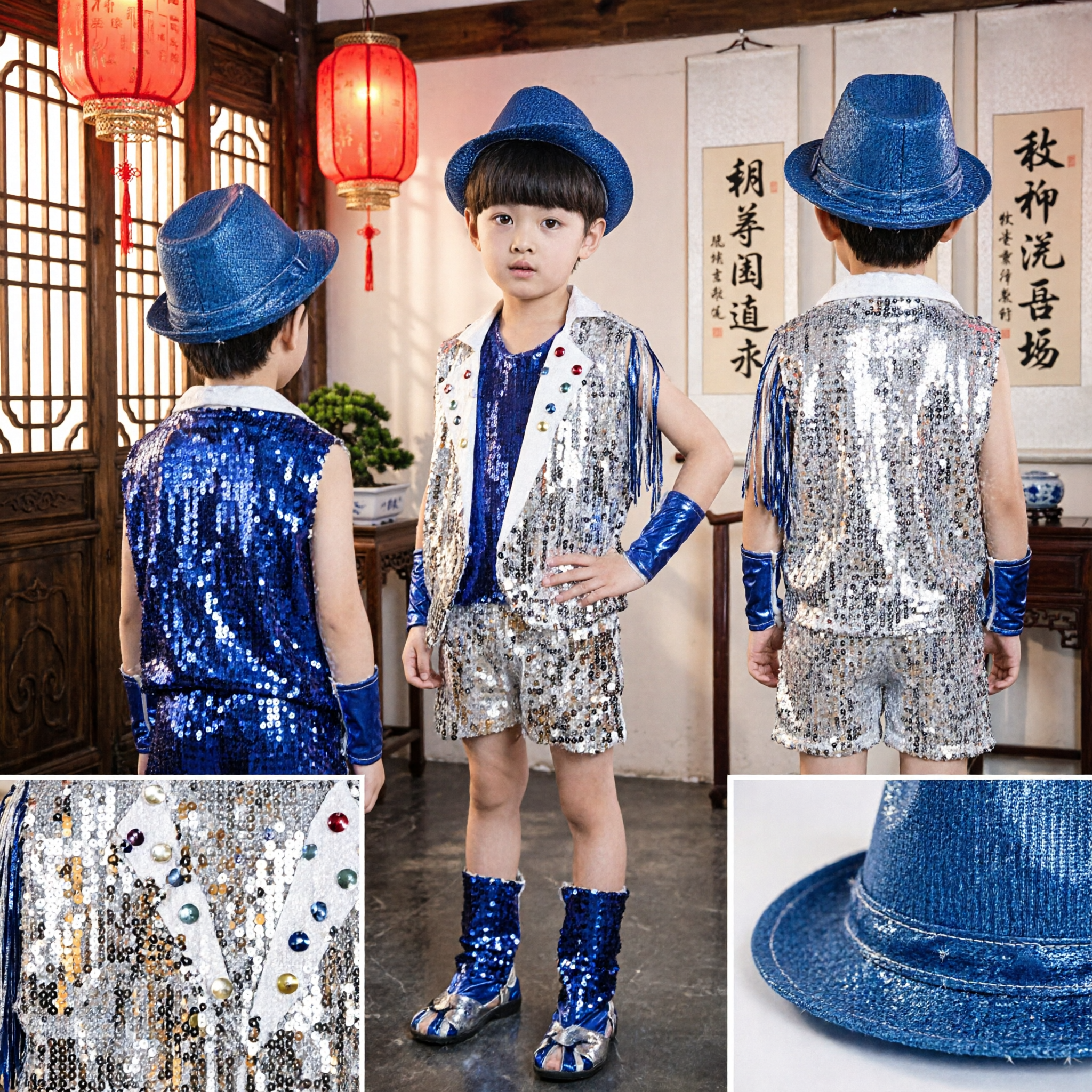 Boys Jazz Hip Hop Dance Costume Silver Sequin Stage Performance Suit Set with Hat