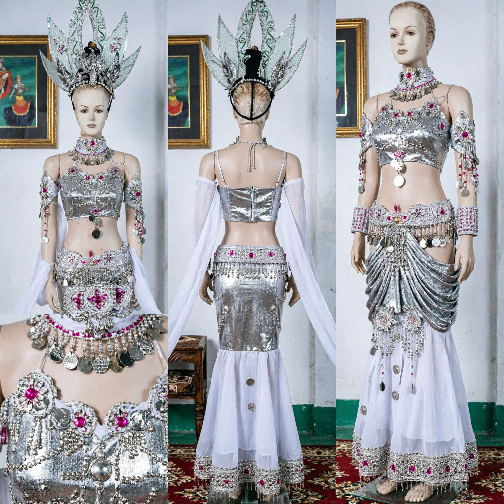 Traditional Dai Peacock Dance Costume for Women Silver Sequin Mermaid Skirt Performance Outfit with Elaborate Headdress