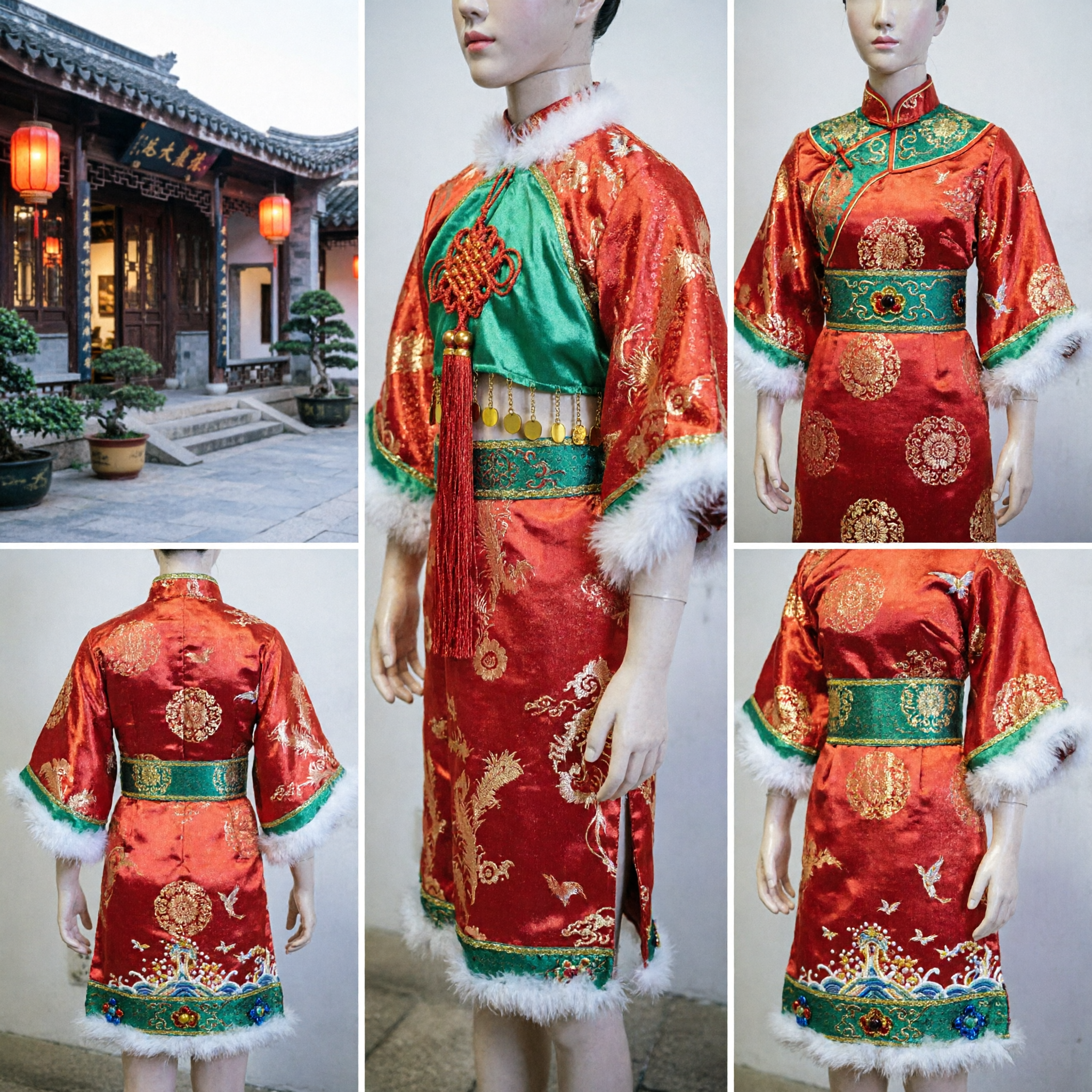 Kids Traditional Chinese Winter Tang Suit Red Green Brocade Outfit with Fur Trim for Lunar New Year