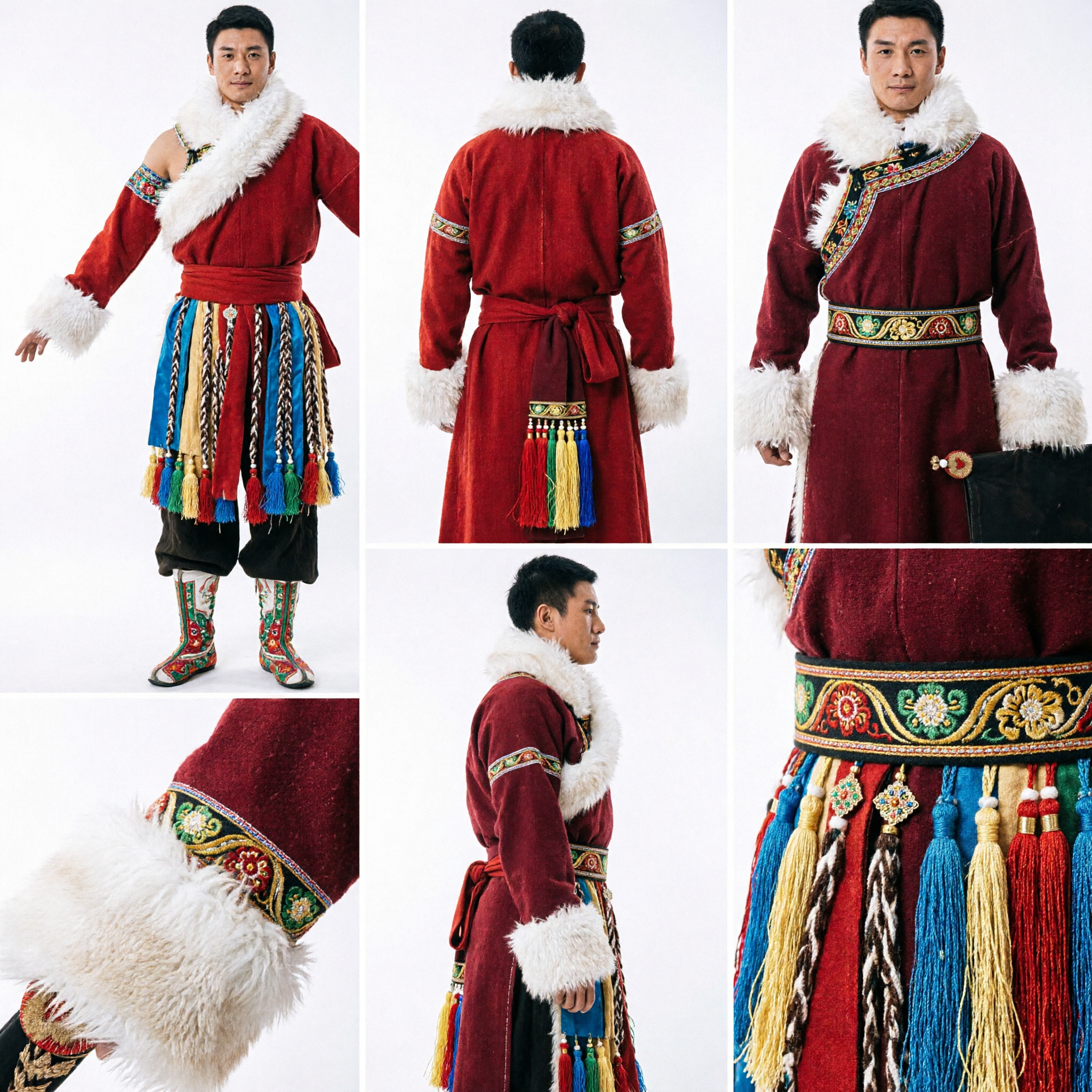 Men's Traditional Tibetan Folk Dance Costume Red Fur-Trimmed Robe and Hat for Stage Performance