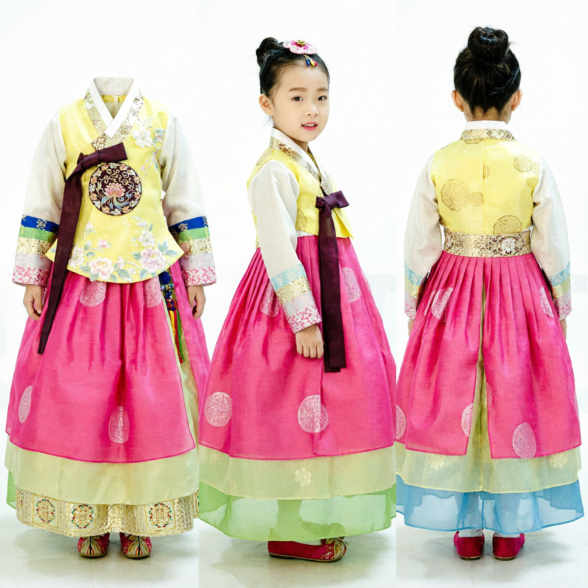 Traditional Korean Hanbok Dress for Girls Pink and Yellow Top Formal Costume for Holidays and Events