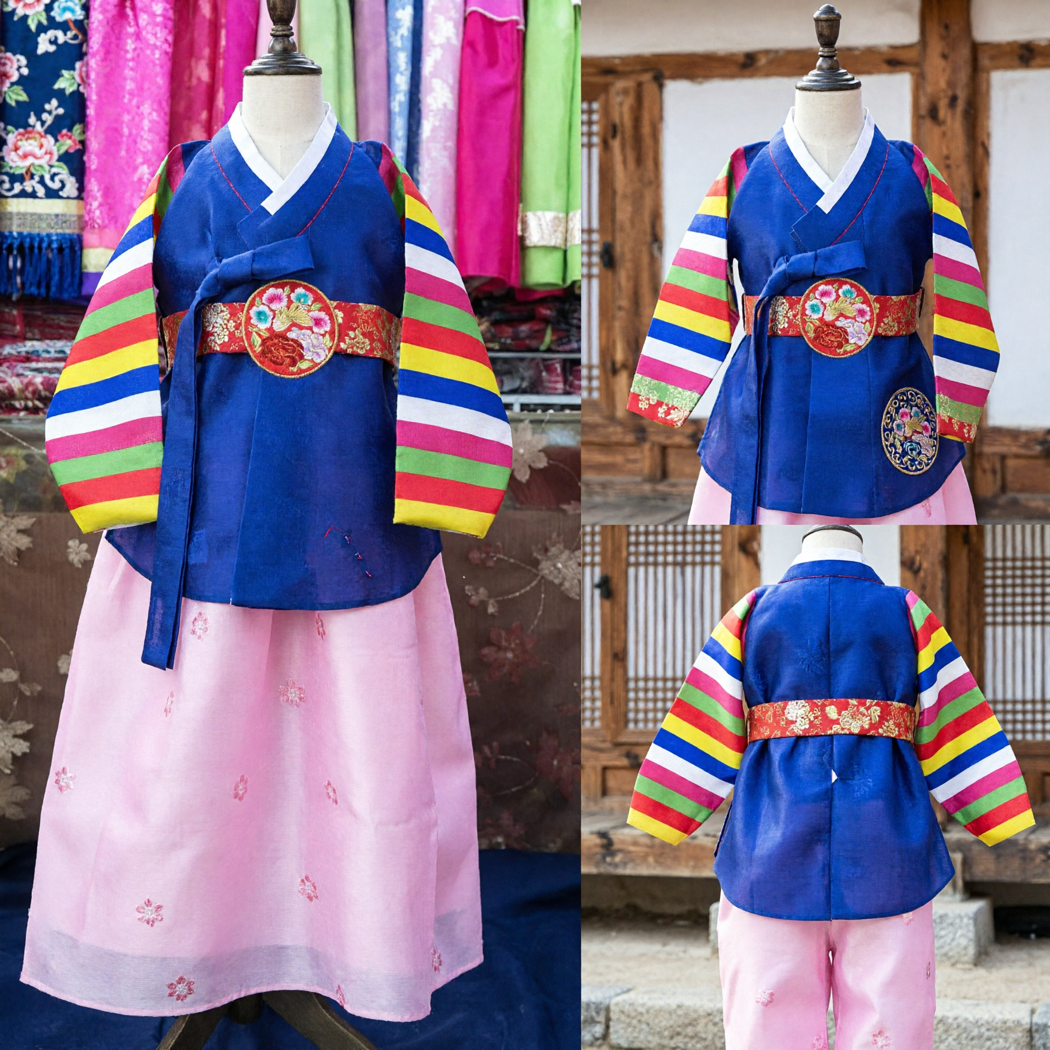 Traditional Korean Hanbok for Kids Blue Vest with Rainbow Striped Sleeves and Pink Pants Festival Costume
